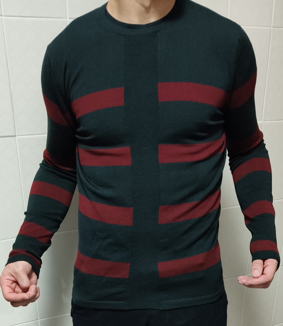 Jean Paul Gaultier Wool knit sweater in dark gray with red stripes Size US M / EU 48-50 / 2 - 1 Thumbnail