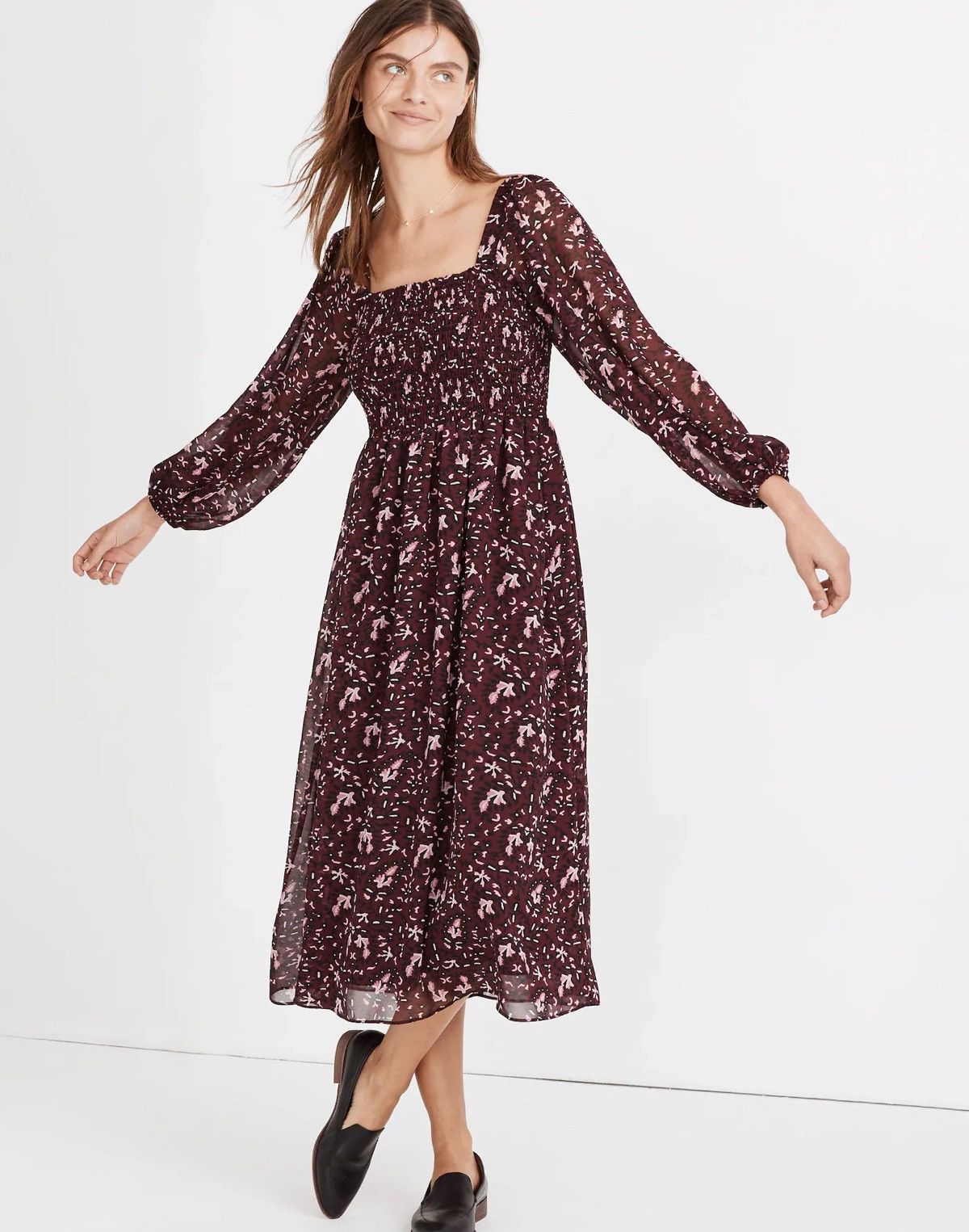 NWT (Re)sourced Georgette Sheer-Sleeve Smocked Midi Dress