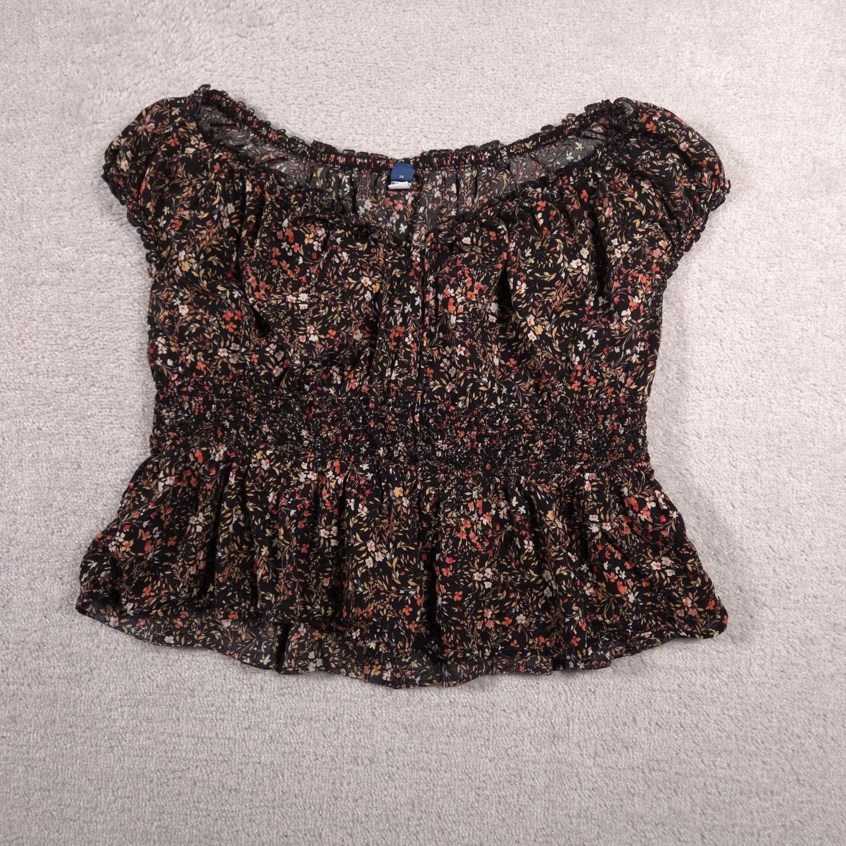 Old Navy Old Navy Blouse Womens 2X Plus Black Floral Ruffle Peplum Scoop Neck Short Sleeve Top Blouse Size XXL / US 16-18 / IT 52-54 - 2 Thumbnail