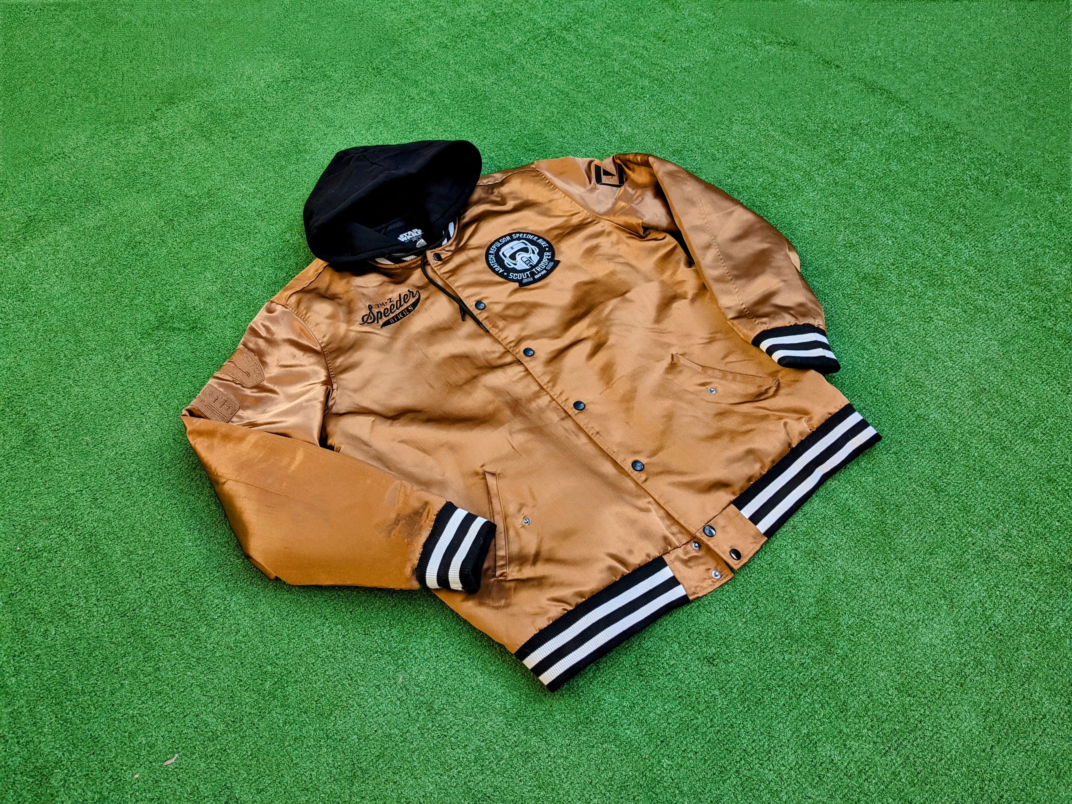 image of Star Wars Endor Scout Trooper Speeder Bike Bomber Hoody Coat in Empire Gold/Black, Men's (Size XL)