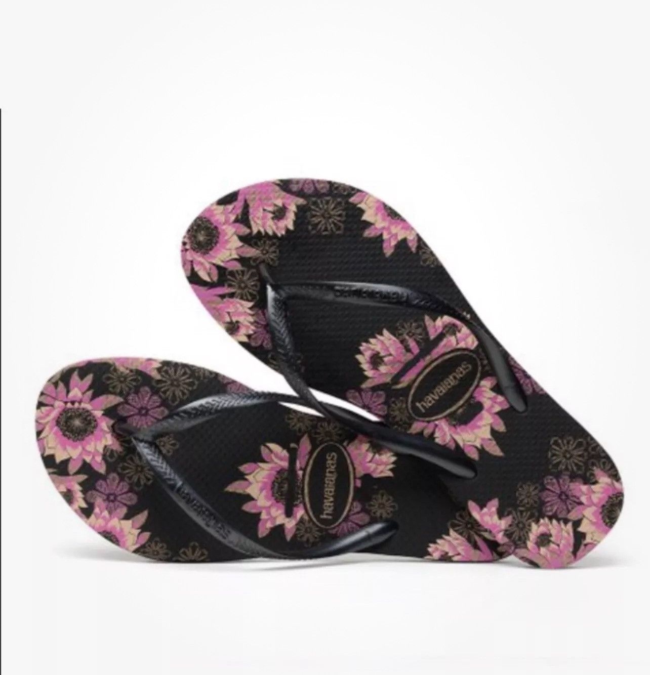 Other NWT Havaianas Black Rose Gold Slim Floral Flip-Flop Shoes Size US 11 / IT 41 - 1 Thumbnail
