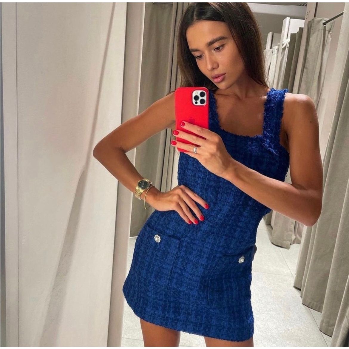 Zara ZARA BLOGGER FAVORITE TEXTURED PINAFORE DRESS BLUE Size XS / US 0-2 / IT 36-38 - 10 Thumbnail