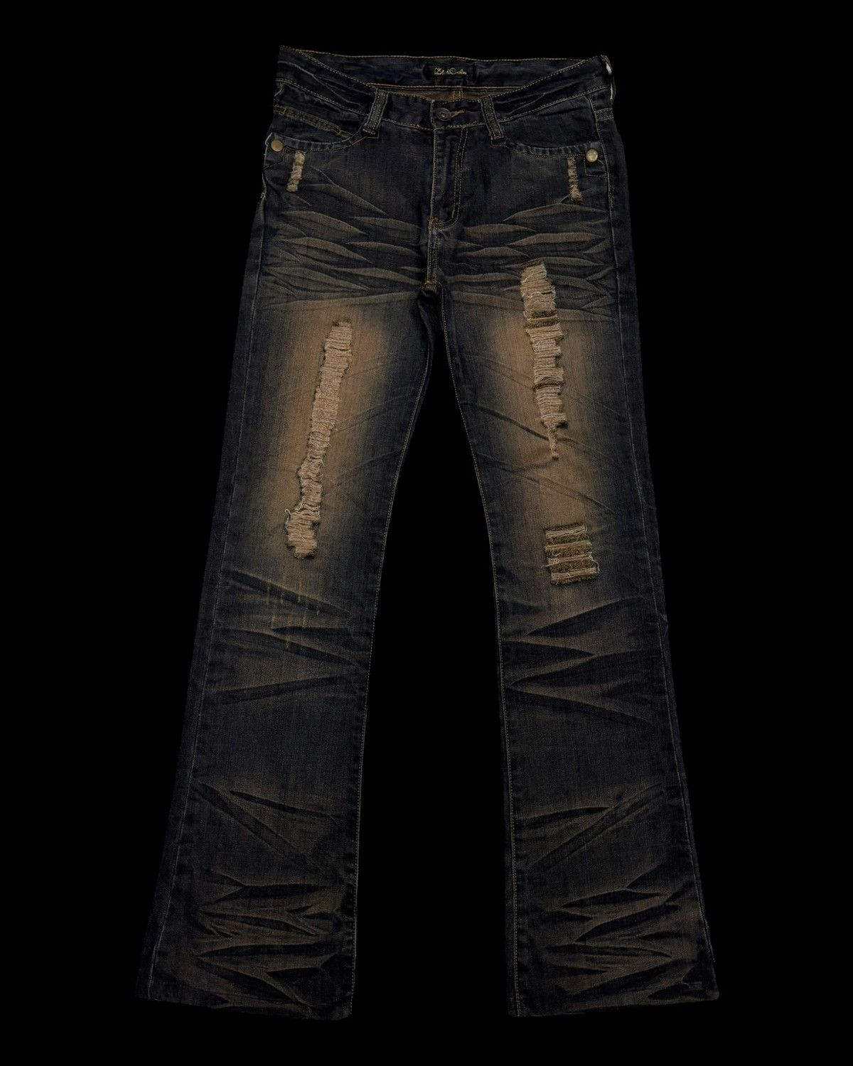 14th Addiction × KMRii × Yasuyuki Ishii 🔥FLARE JEANS WHISKER BLACK CROWN CLAW MARK DISTRESS JEAN Size US 32 / EU 48 - 5 Thumbnail
