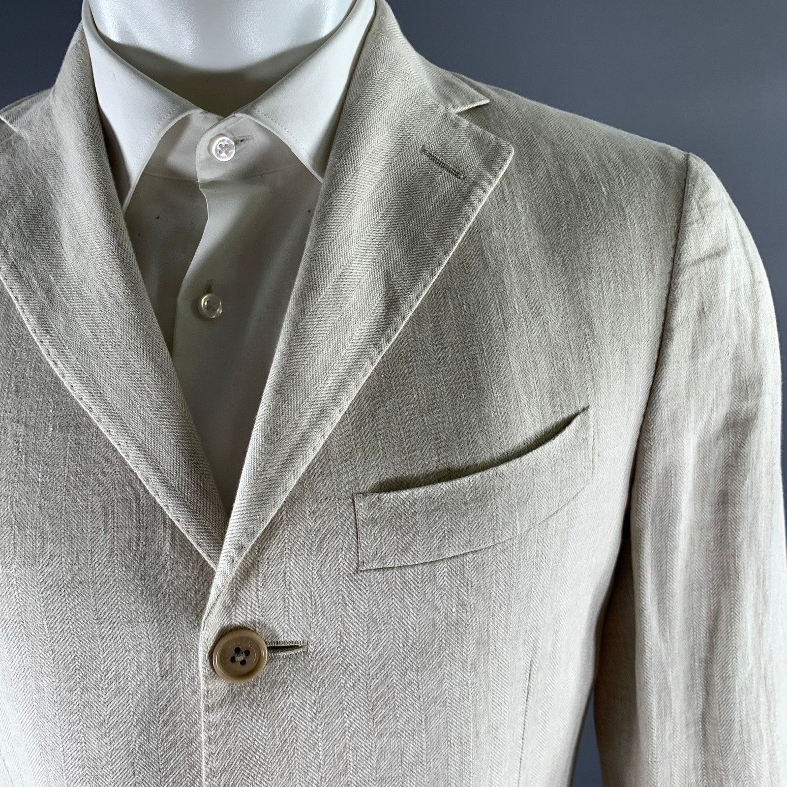 Salvatore Ferragamo SALVATORE FERRAGAMO Cream Herringbone Linen Sport Coat Size 38R - 2 Thumbnail