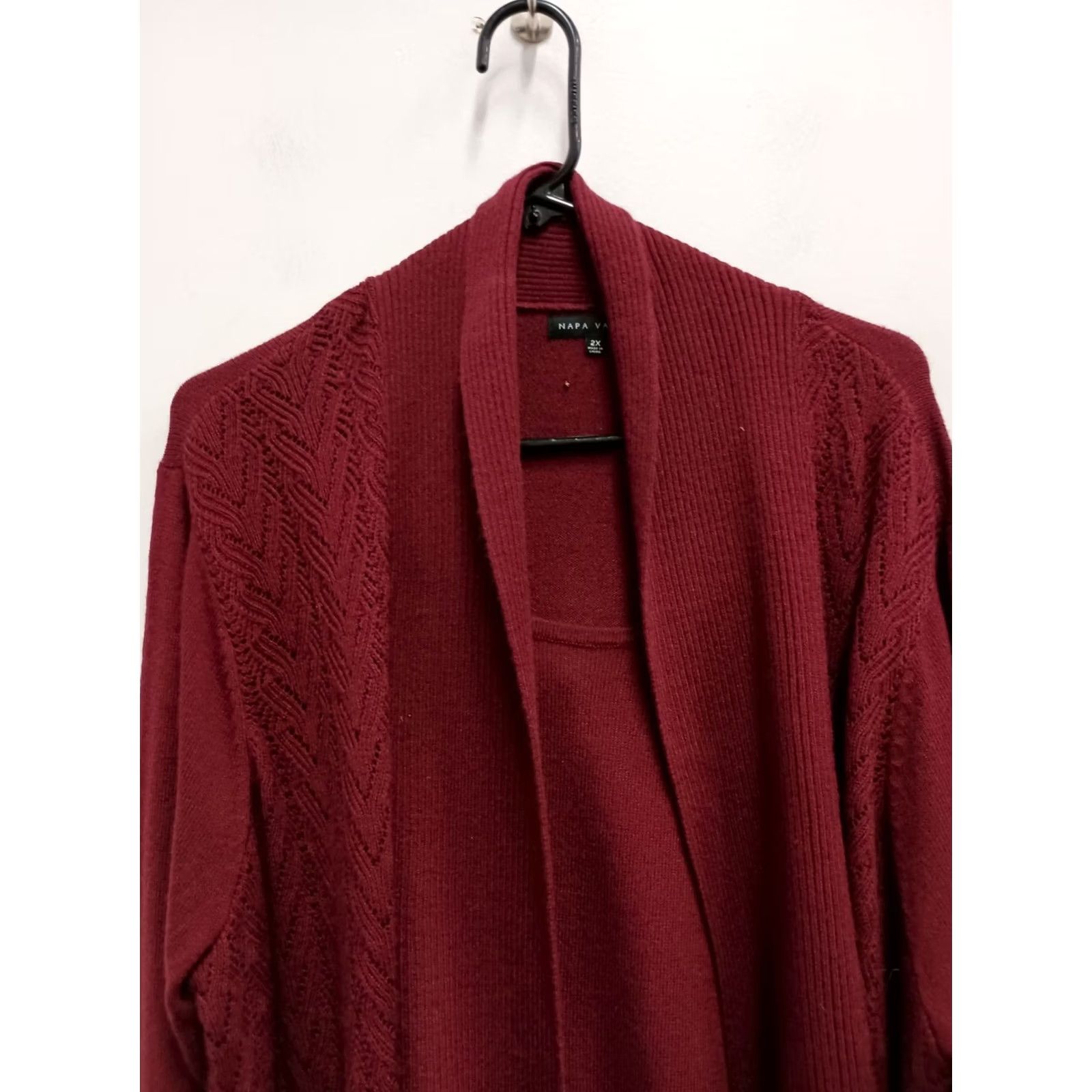 Vintage Napa Valley BOHO Cardigan Womens 2X Maroon Pointelle Knit Open Front Casual Knit Sweater Size XXL / US 16-18 / IT 52-54 - 2 Thumbnail