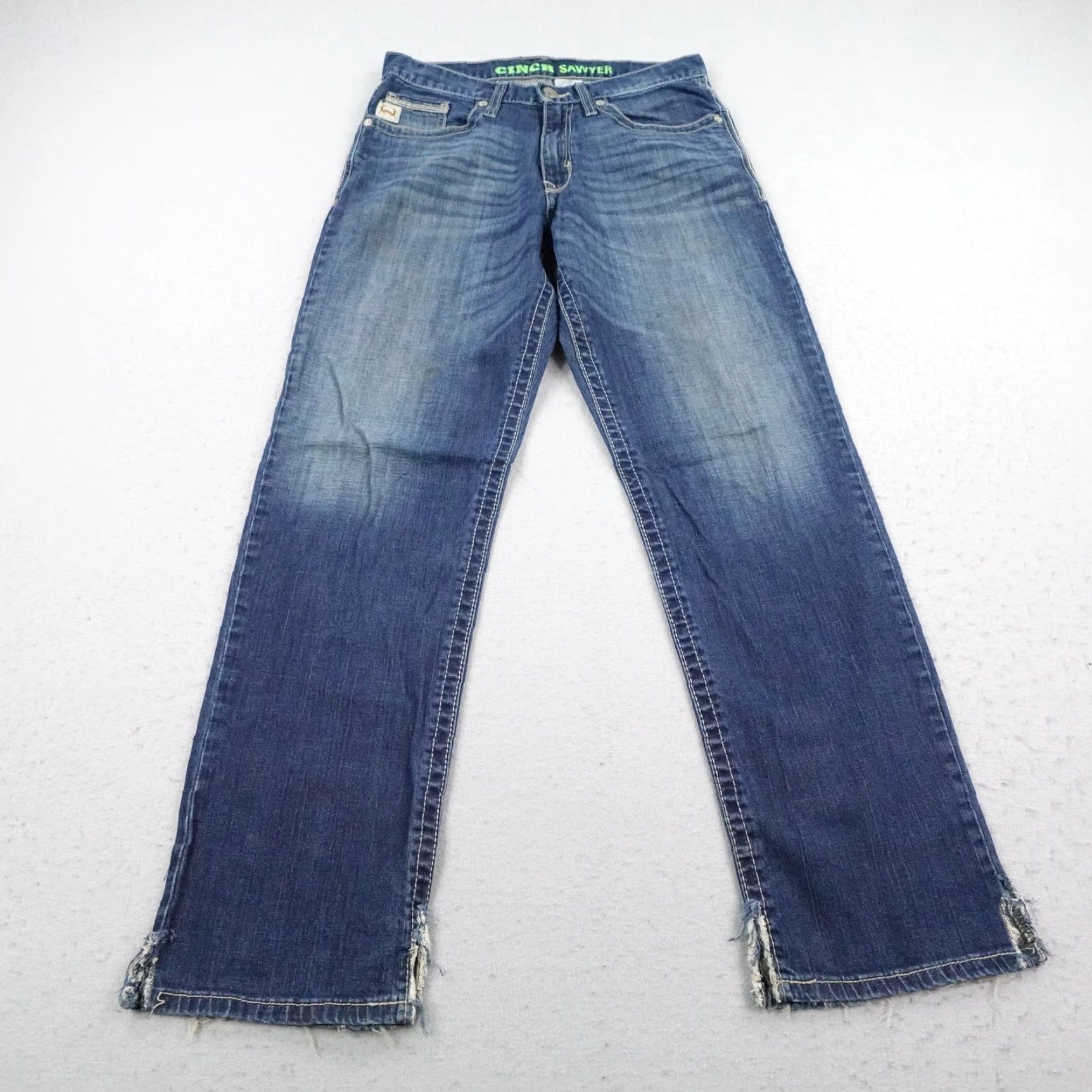 Denime Cinch Sawyer Jeans Mens 30x32 Blue Denim Straight 5-Pocket Western Whisker Faded Size US 30 / EU 46 - 2 Thumbnail