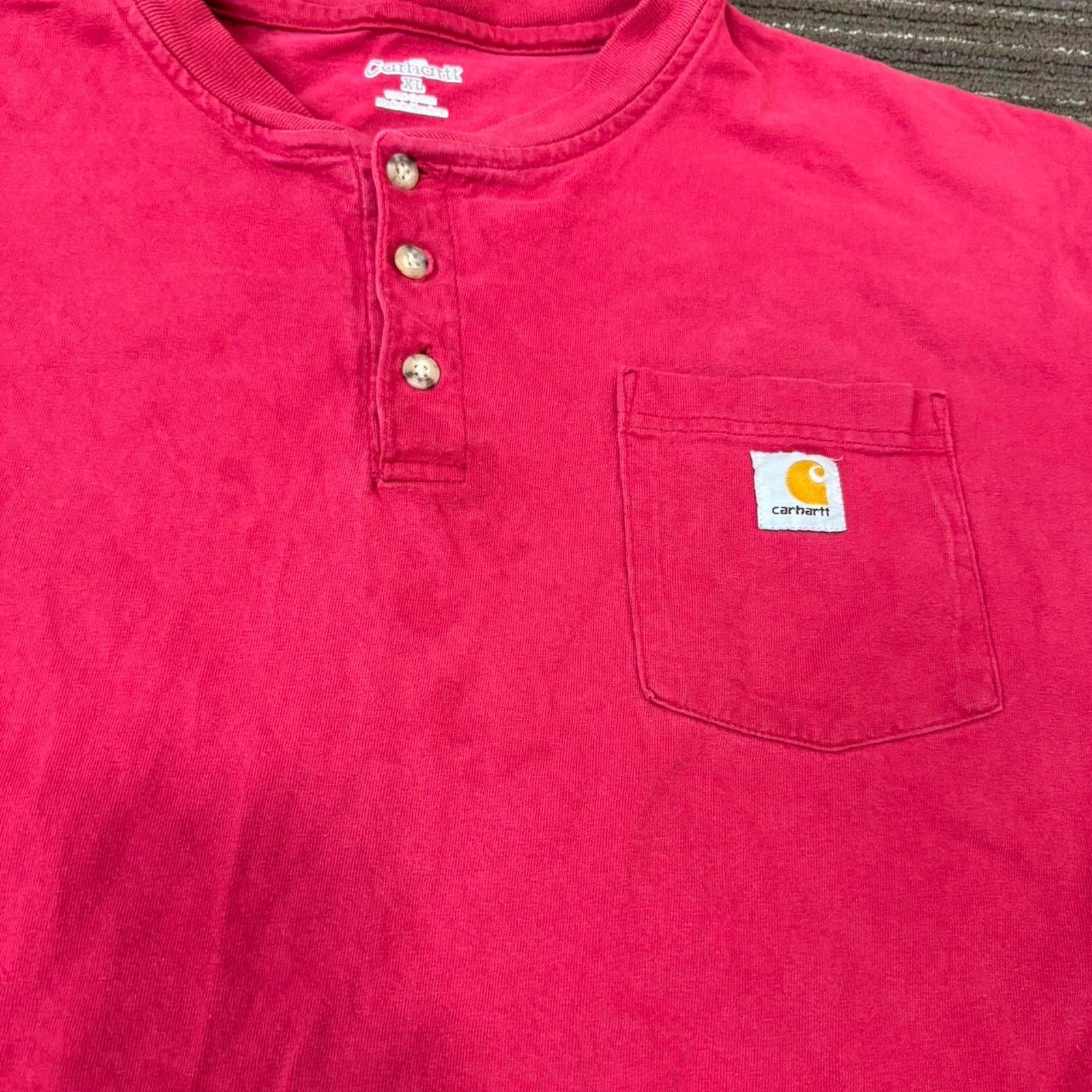 Carhartt Bright Bold Red Distressed Carhart Button Fly Tshirt Size US XL / EU 56 / 4 - 3 Thumbnail