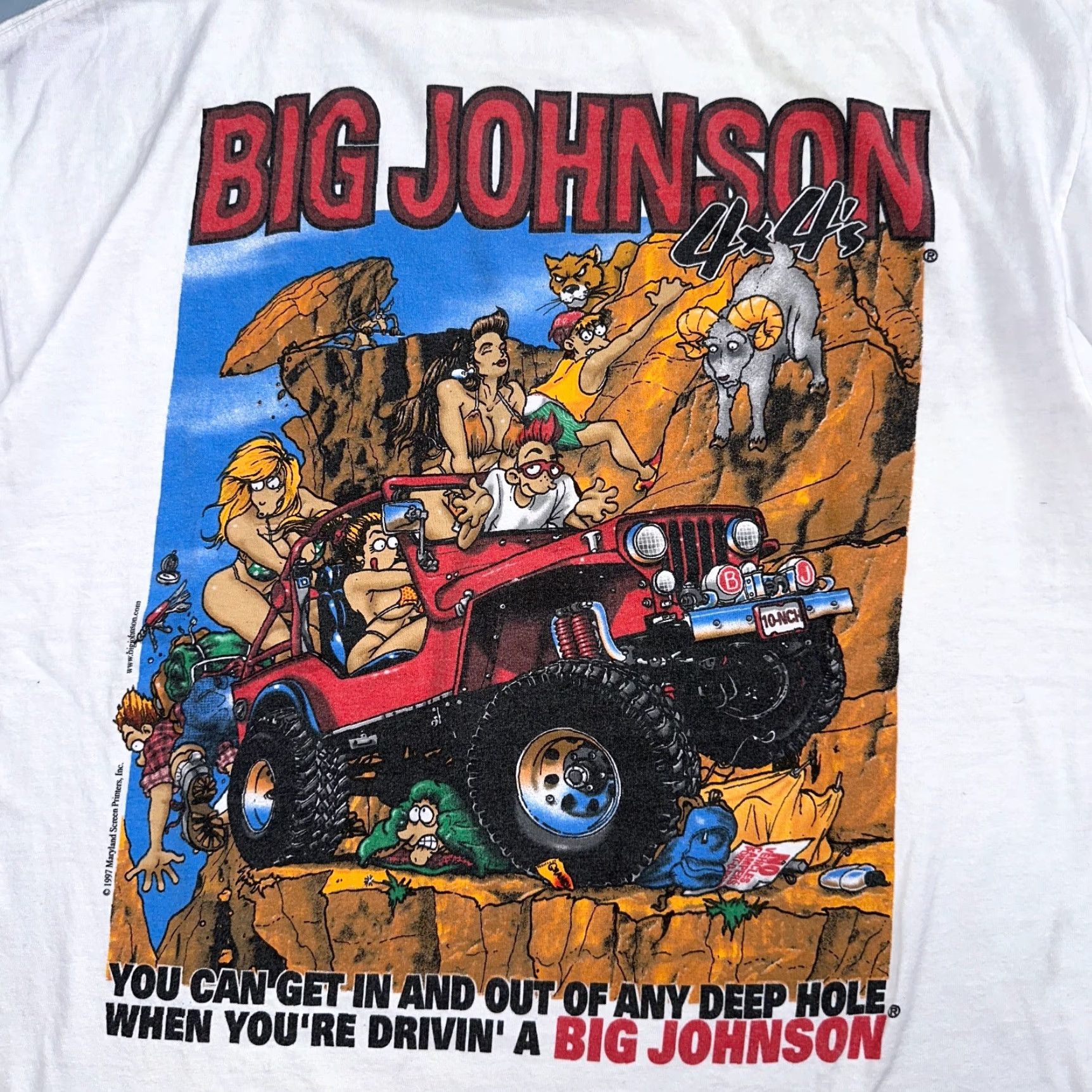 Big John VINTAGE Big Johnson T-Shirt Mens White Short Sleeve Crew Neck L 1997 90s Naughty Humor Trucks Graphic Print Vintage 70s 80s 90s Pattern Solid Size US L / EU 52-54 / 3 - 2 Thumbnail