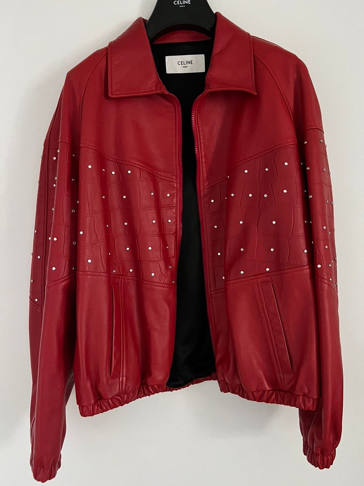 Pre-owned Celine X Hedi Slimane Ss23 Runway Red Leather Croc Rhinestone Embellished Jacket