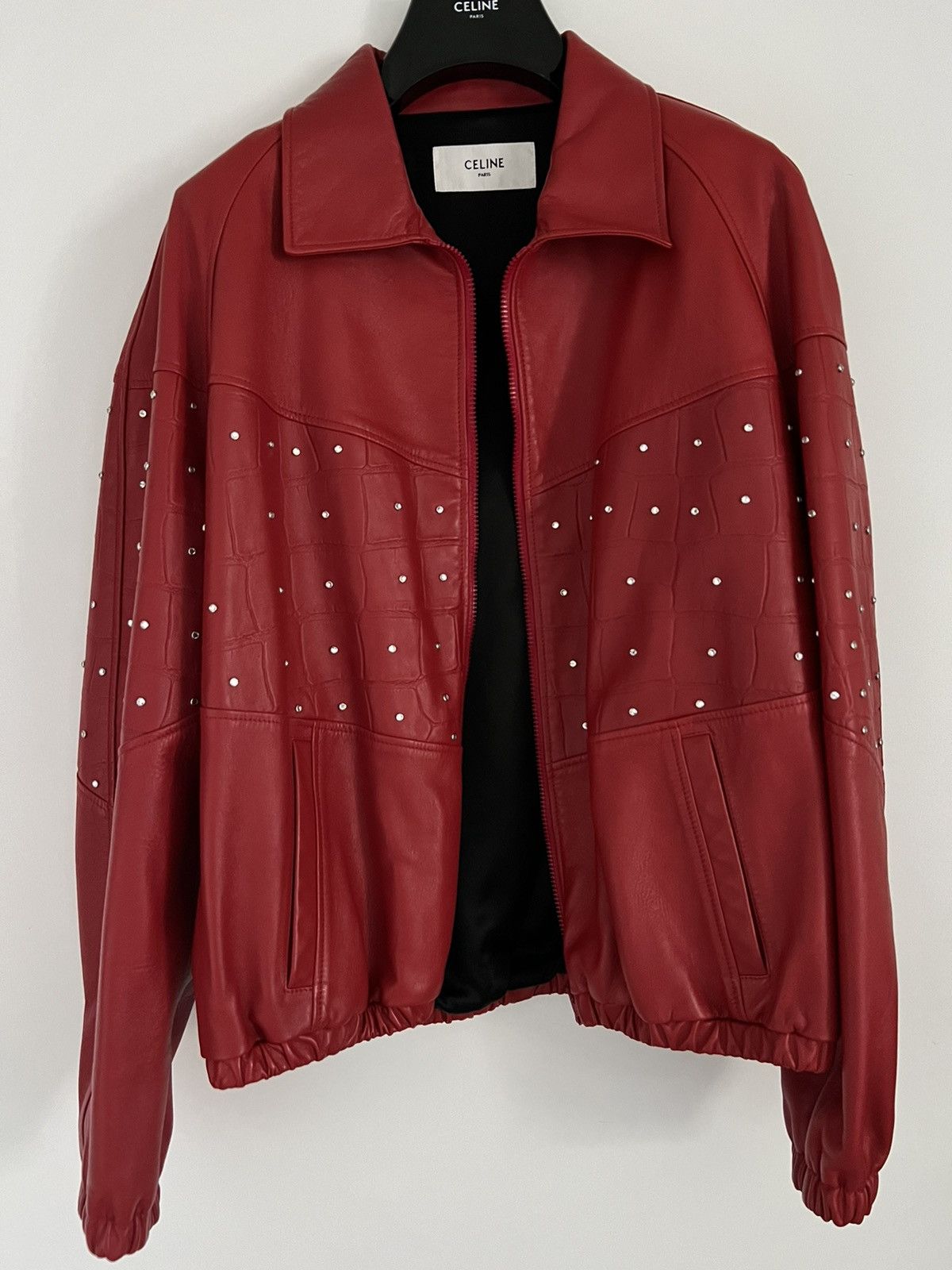 image of Celine x Hedi Slimane Ss23 Runway Red Leather Croc Rhinestone Embellished Jacket, Men's (Size Large