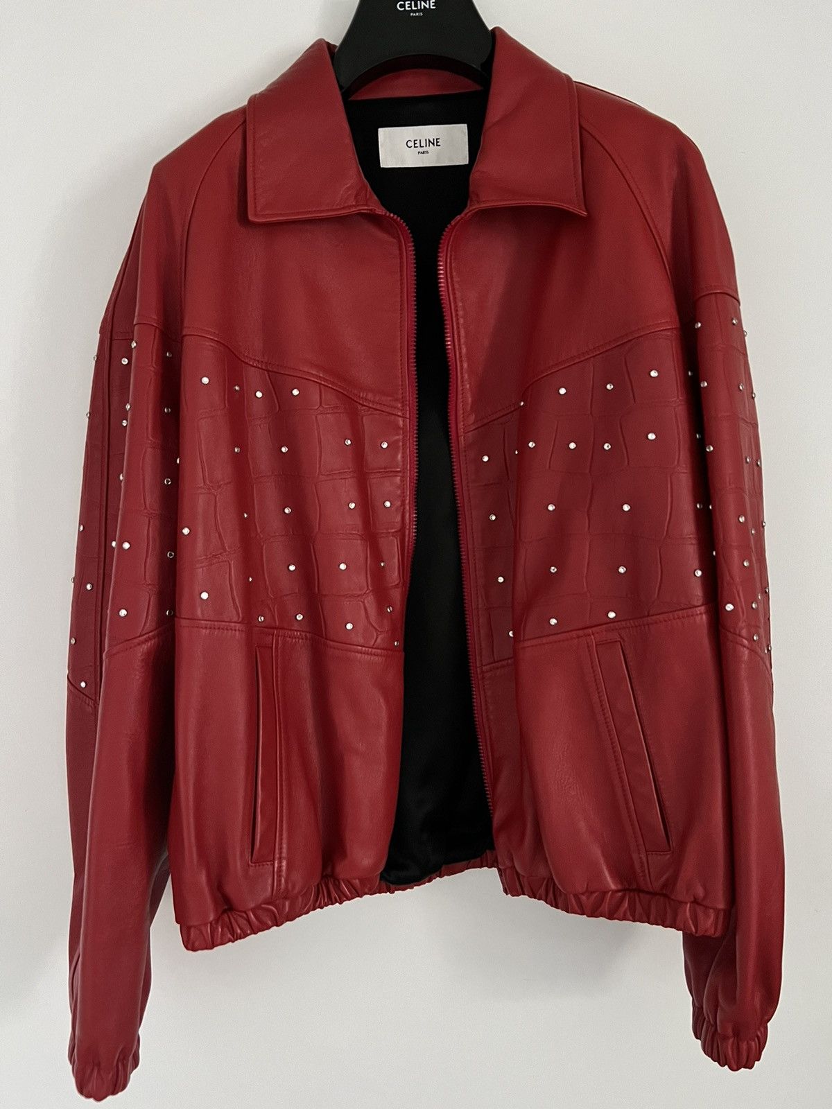 Pre-owned Celine X Hedi Slimane Ss23 Runway Red Leather Croc Rhinestone Embellished Jacket