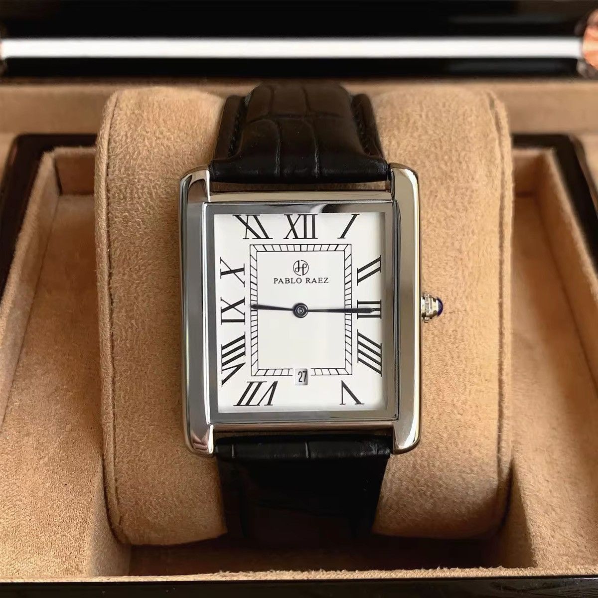 Leather Square Classical Watch in Black, Men's