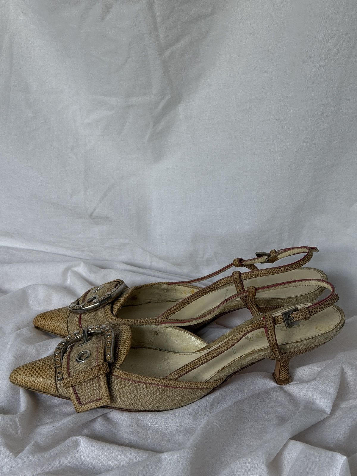 Prada Prada Cloth Beige Buckle Mules Kitten Heels Size US 6.5 / IT 36.5 - 2 Thumbnail