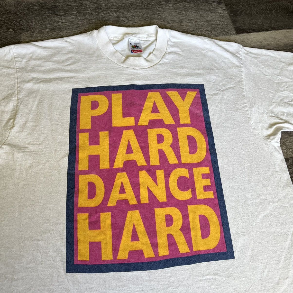 Vintage Vintage 1990s Play Hard Dance Hard Bold Text Logo Tee Shirt Size US XL / EU 56 / 4 - 2 Thumbnail