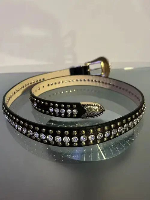 Japanese Brand × Vintage Y2K Buckle Rhinestone Belt (black+gold) Size 32 - 2 Thumbnail