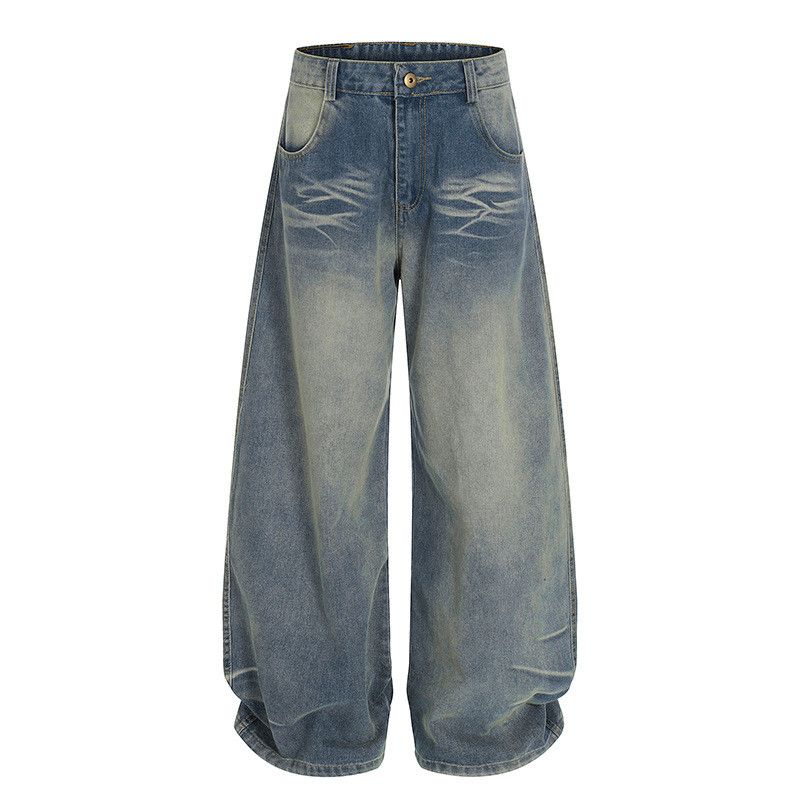 Vintage Retro Distressed Embroidered Curved Blade Jeans For Men in Blue, Men's (Size 32)