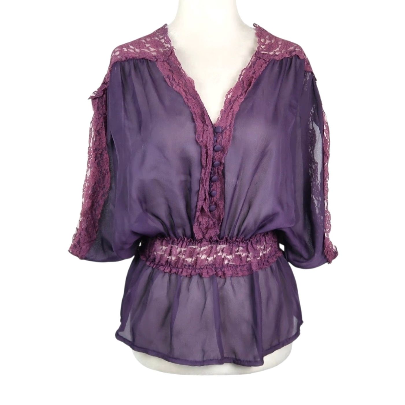 Vintage VINTAGE Arden B. Purple Blouse XS Women Lace Trim Peplum Sheer Y2K Top ------------- Size XS / US 0-2 / IT 36-38 - 2 Thumbnail