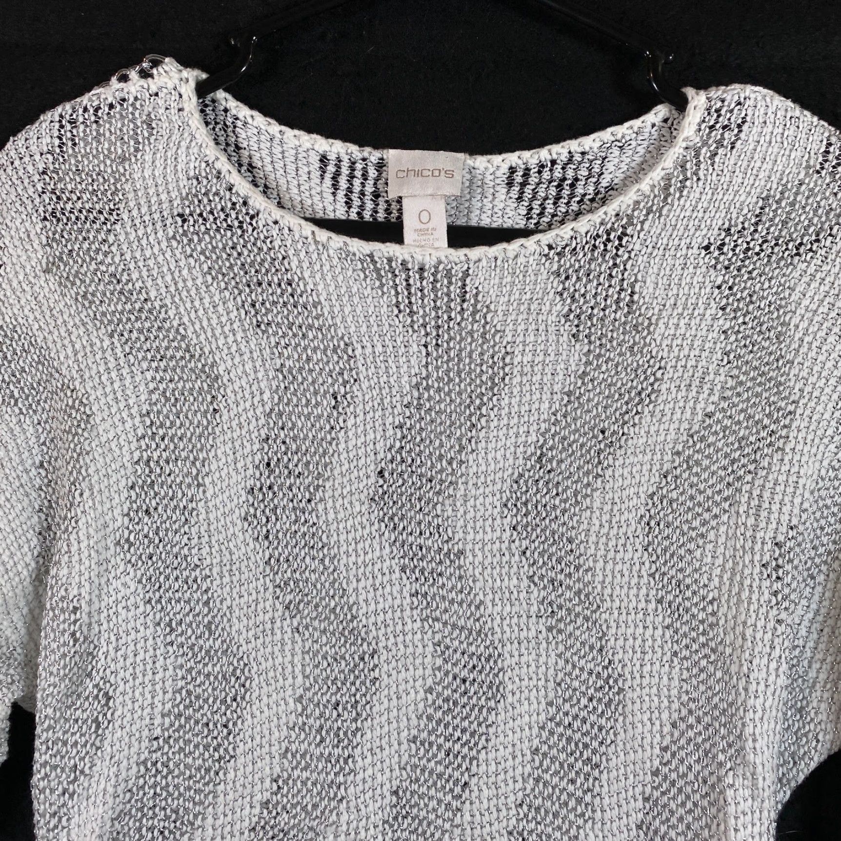 Vintage Chicos Womens Sweater White Silver Metallic Knit Open-Knit Half Sleeve Boat Neck S Women Pullover Casual Workwear Holiday 0 (S) Size S / US 4 / IT 40 - 2 Thumbnail