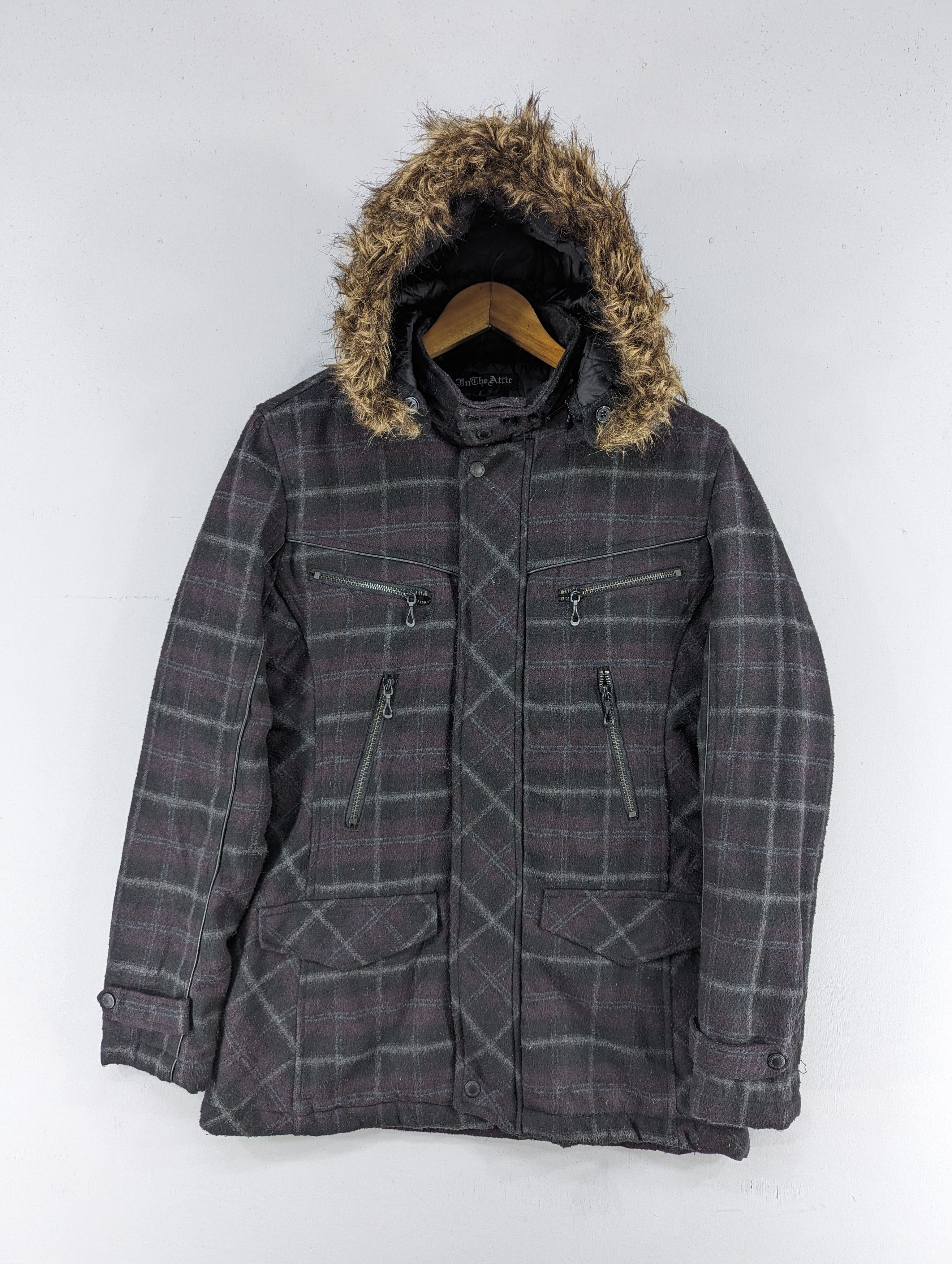 image of If Six Was Nine x In The Attic Vintage In The Attic Checked Zipper Fur Hoodie Jacket, Women's (Size