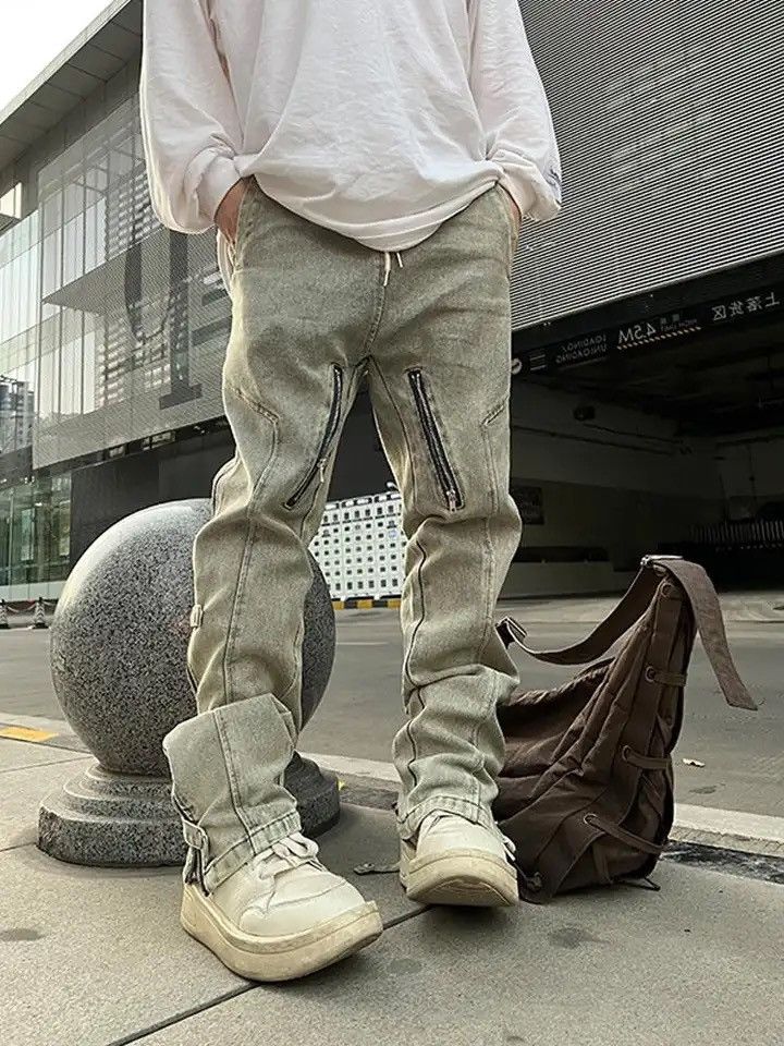 Japanese Brand Straight Jeans Men Side Zipper Patchwork Slim Size US 32 / EU 48 - 4 Thumbnail