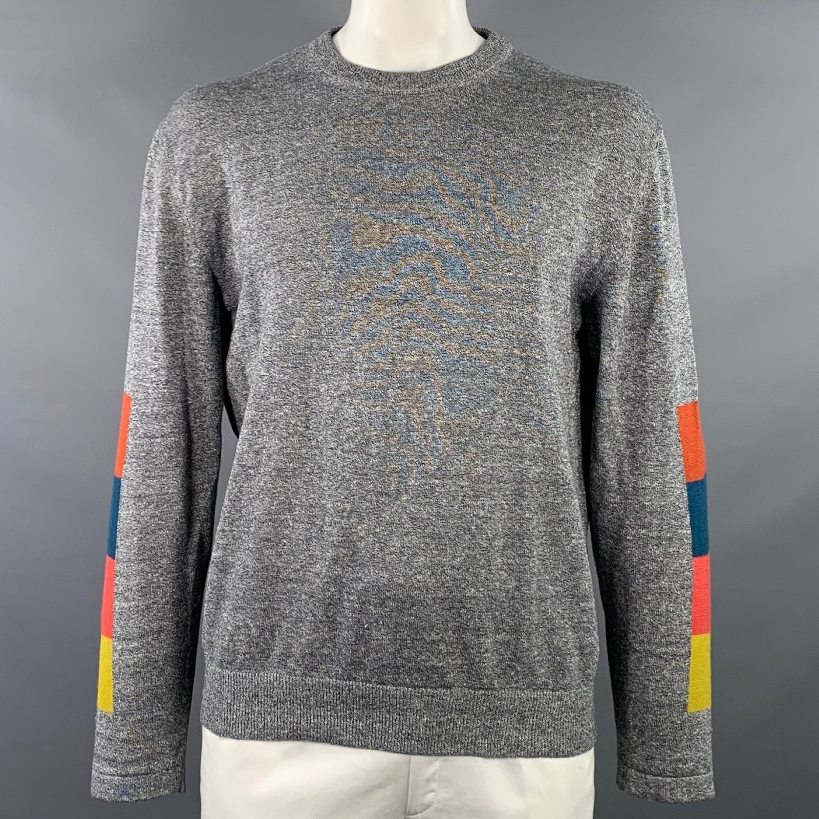 Size L Heather Grey Multi Color Color Block Cotton Wool Crew