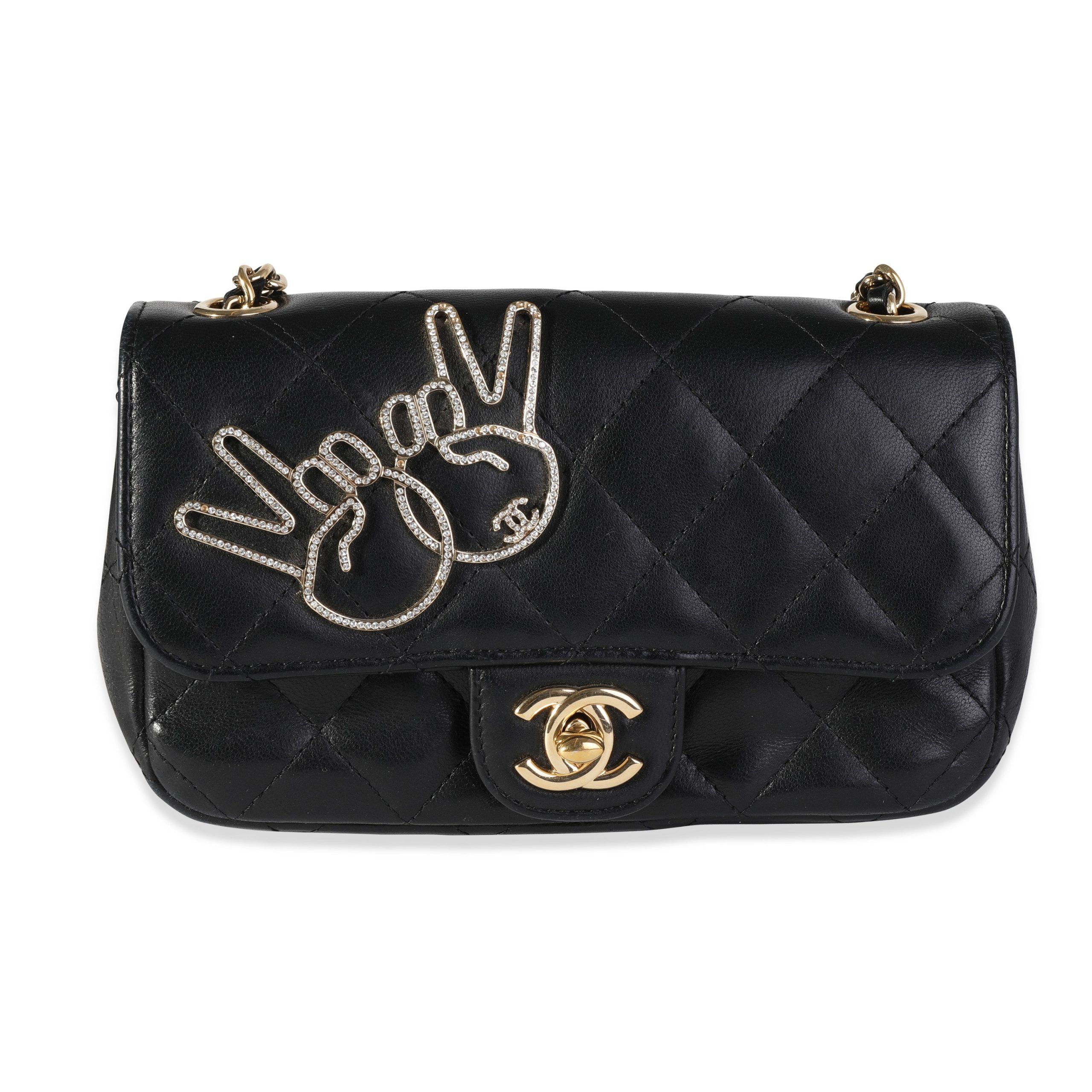 image of Chanel Black Quilted Lambskin V For Victory Peace Sign Extra Mini Flap Bag, Women's
