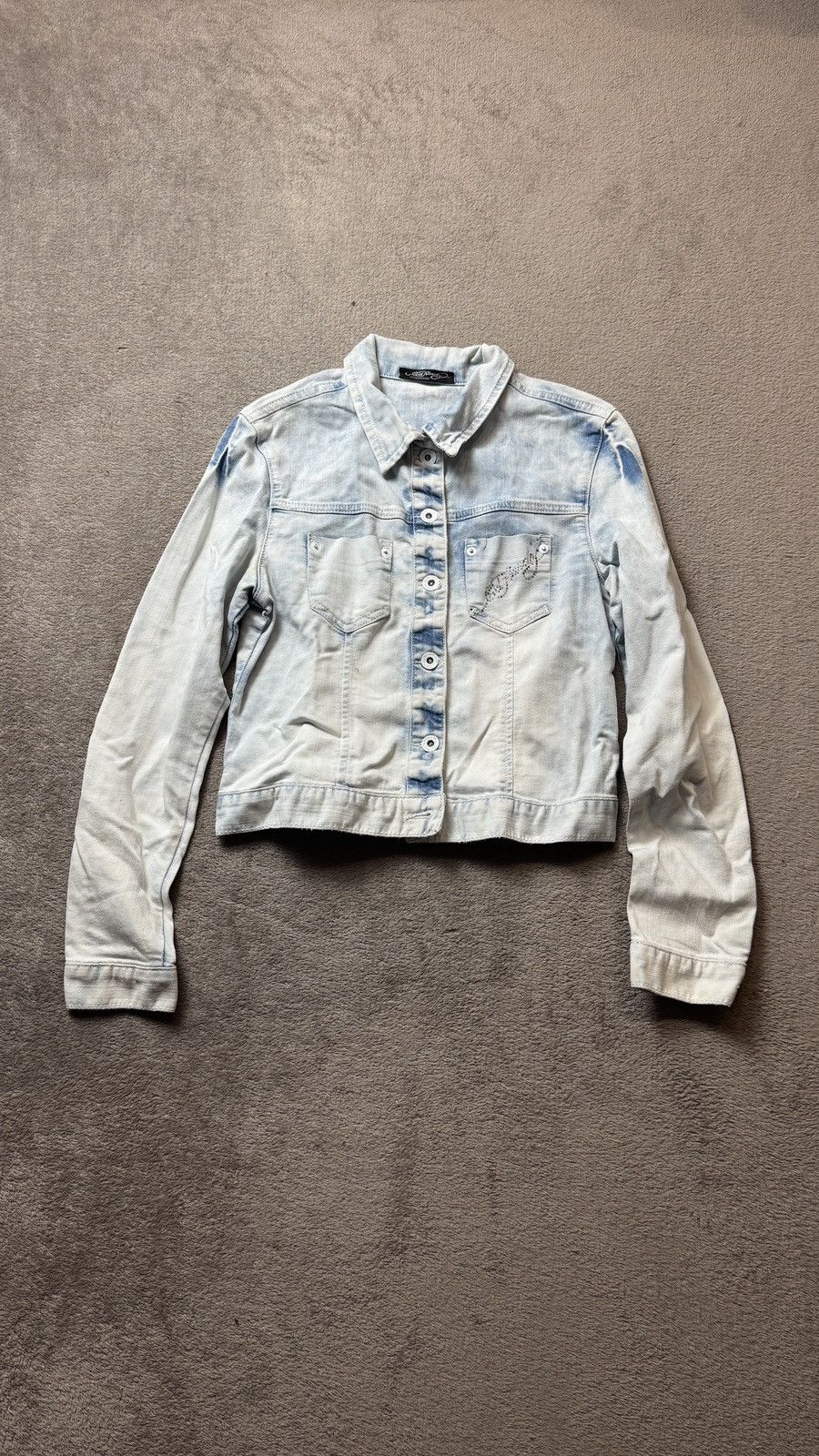 Ed Hardy Y2K Ed Hardi Vintage Rhinestone Washed Denim Cropped Jacket Size S / US 4 / IT 40 - 2 Thumbnail