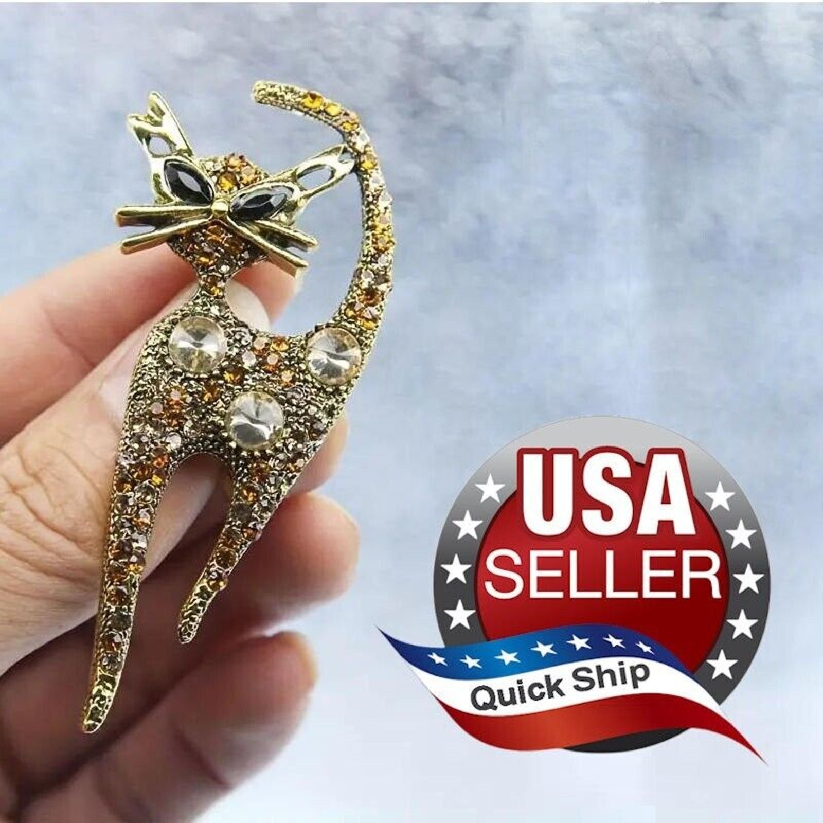 Other Elegant Kitty Cat Brooch • Dark Light Yellow Tan Rhinestones Size ONE SIZE - 1 Thumbnail