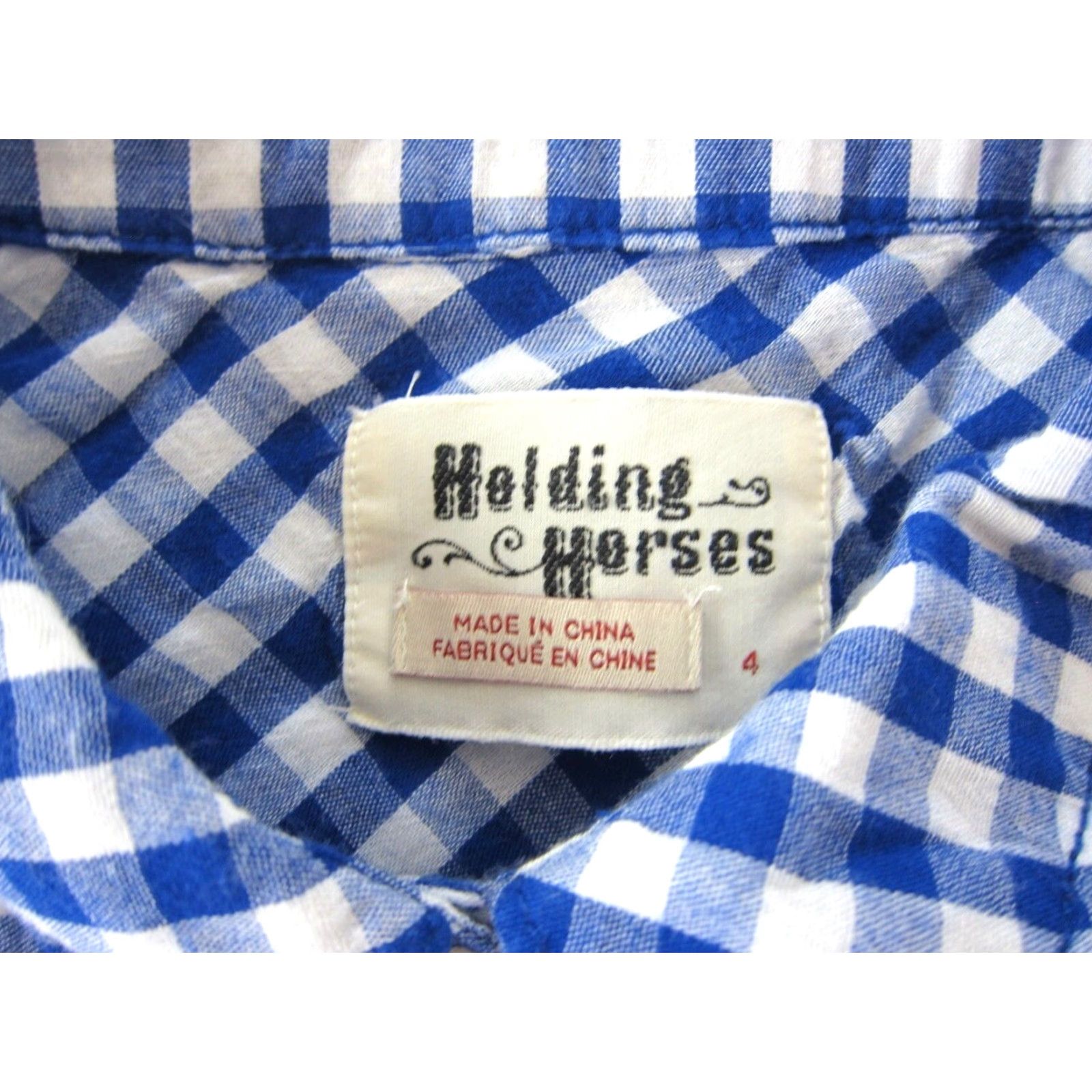 Anthropologie Holding Horses Blouse Shirt Cotton Blue White Plaid Ombre Short Sleeve 4 Womens Vintage Style Theme Horse Button Collar to Travel Business Casual Size S / US 4 / IT 40 - 4 Thumbnail