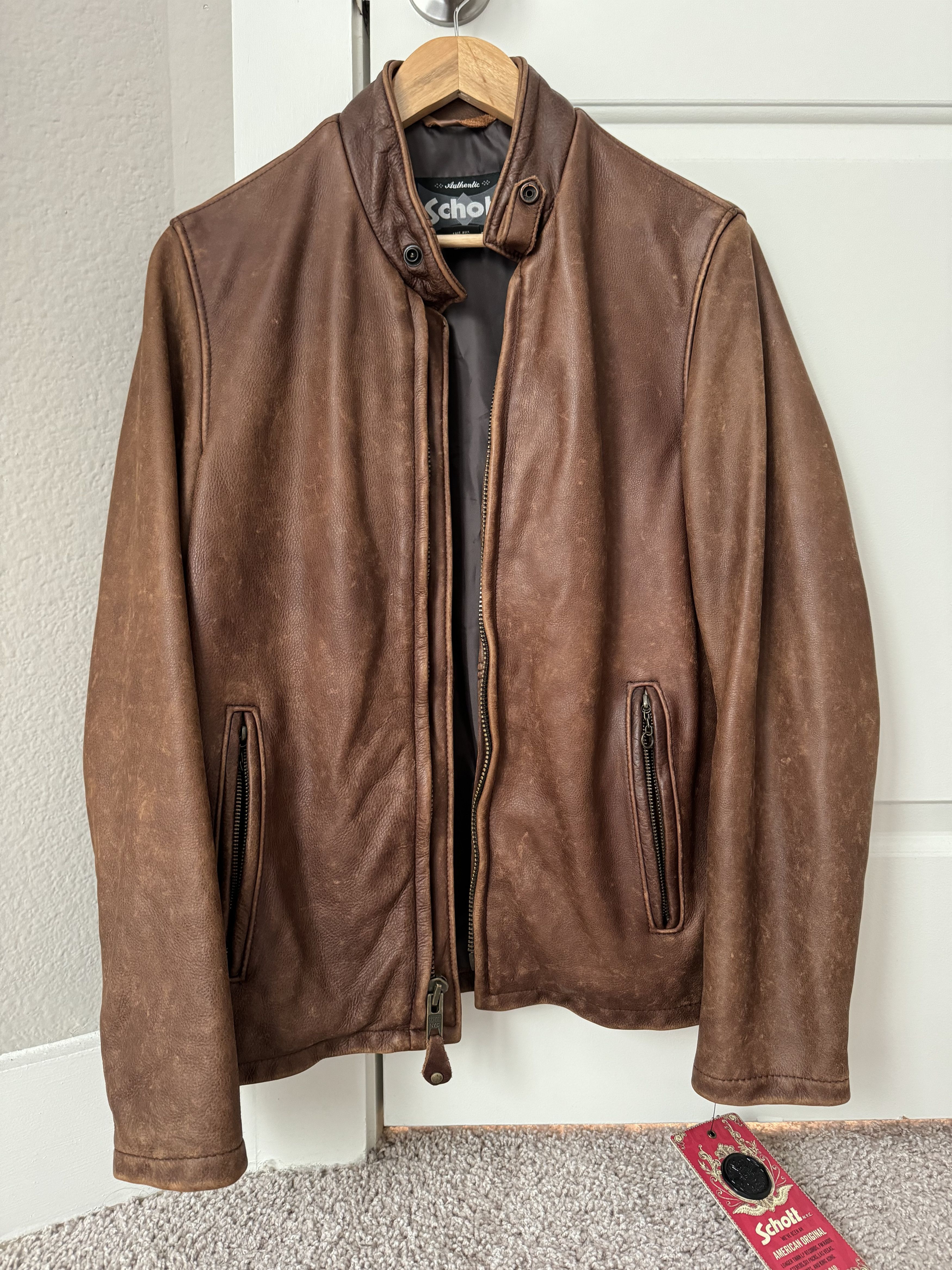 image of Schott 654Vn Brown Cowhide Vintaged Café Racer Leather Jacket, Men's (Size Small)