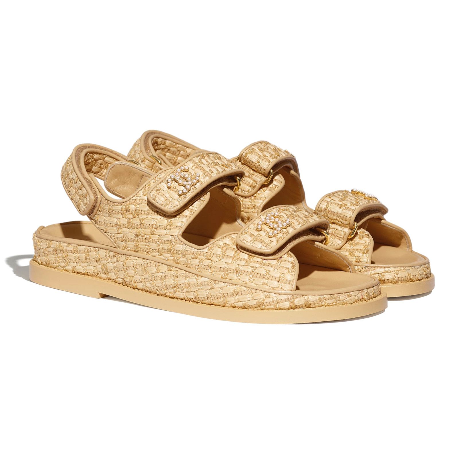 Chanel Chanel 21C Beige Raffia Pearl CC Logo Mule Slide Strap Flat Size US 8.5 / IT 38.5 - 3 Thumbnail