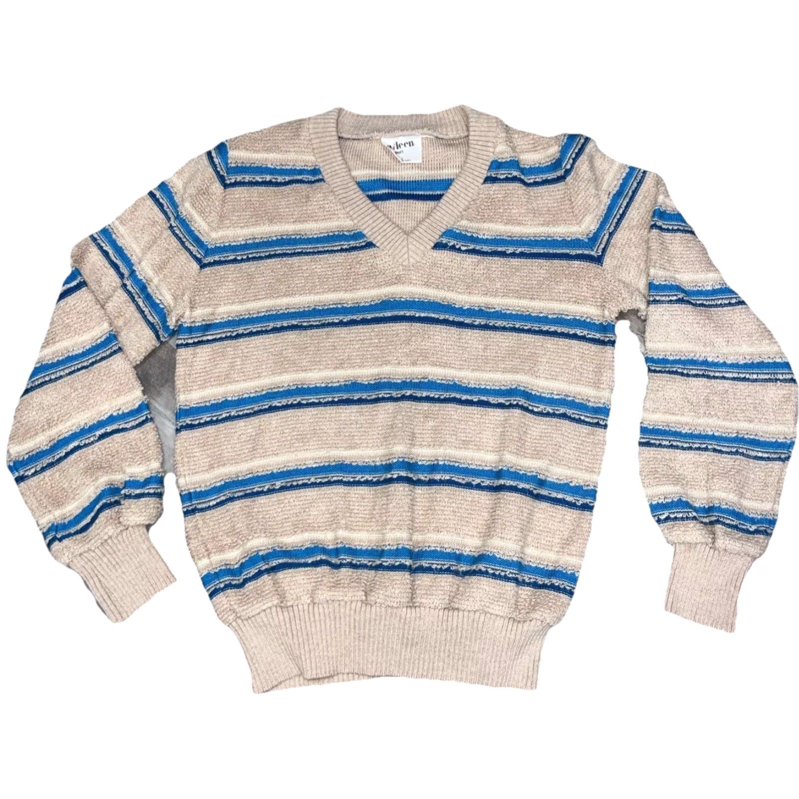 Vintage VINTAGE Aileen Sport Shirt Womens Small Tan Blue Striped 70s Long Sleeve V-Neck Pullover Size S / US 4 / IT 40 - 2 Thumbnail