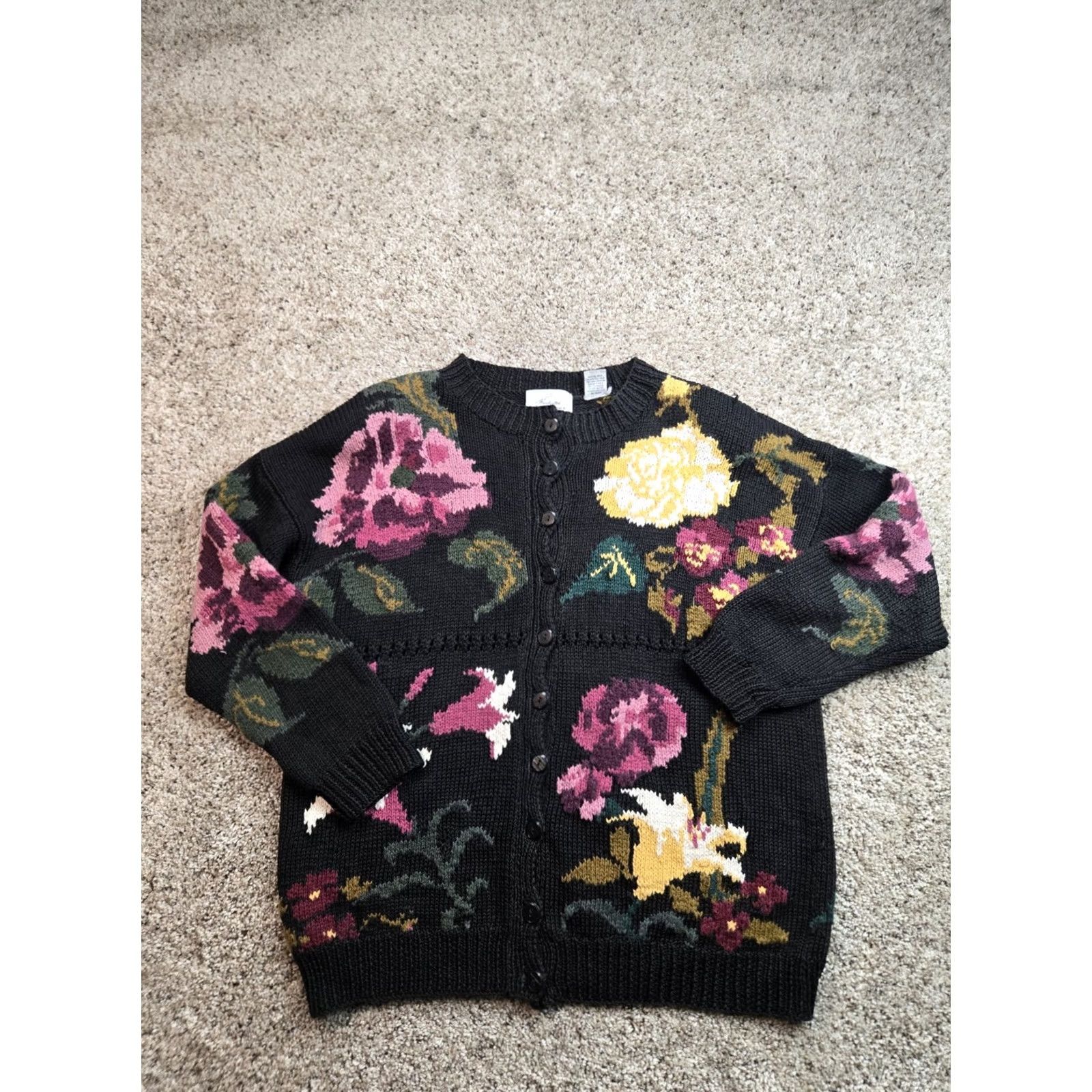 Express VINTAGE Express Cardigan Sweater Womens XS Black Floral Button 90s Crew Neck Raglan Long Sleeve Cotton Ramie Knit Shirt Size XS / US 0-2 / IT 36-38 - 2 Thumbnail
