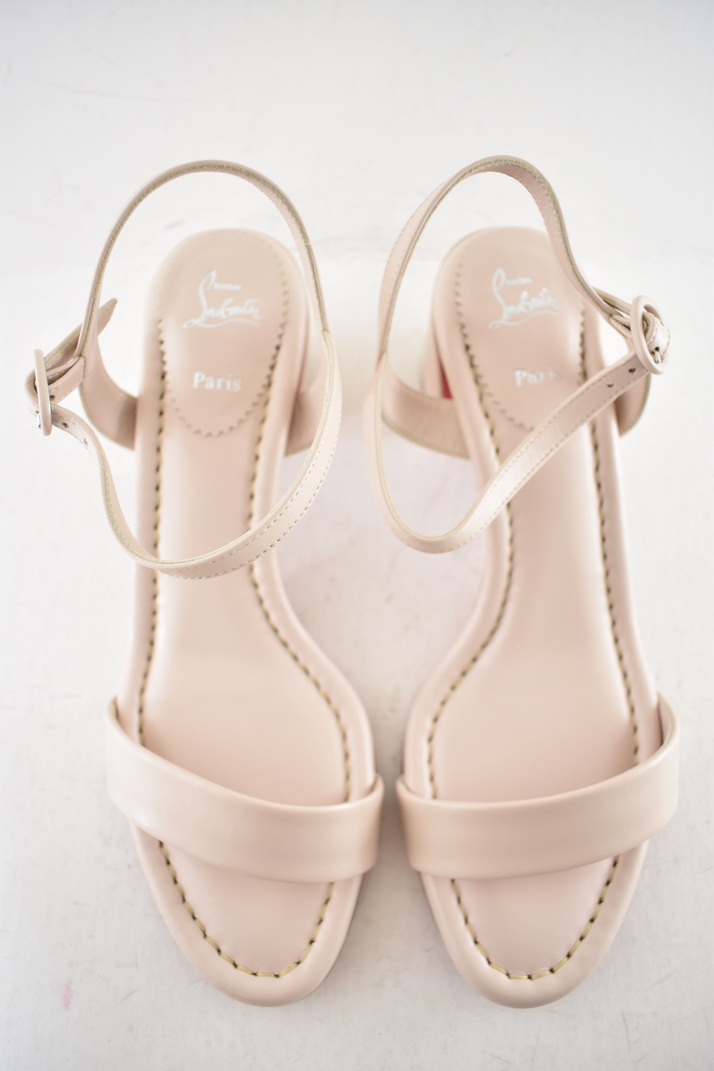 Christian Louboutin Miss Jane Sandal 55 Leche Beige Ankle Strap Block Heel 37.5 Size US 7.5 / IT 37.5 - 10 Thumbnail