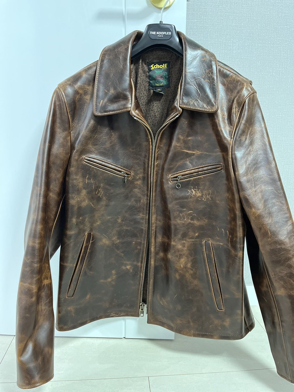 image of Schott 673 Cowhide Retro Moto Jacket in Brown, Men's (Size XL)