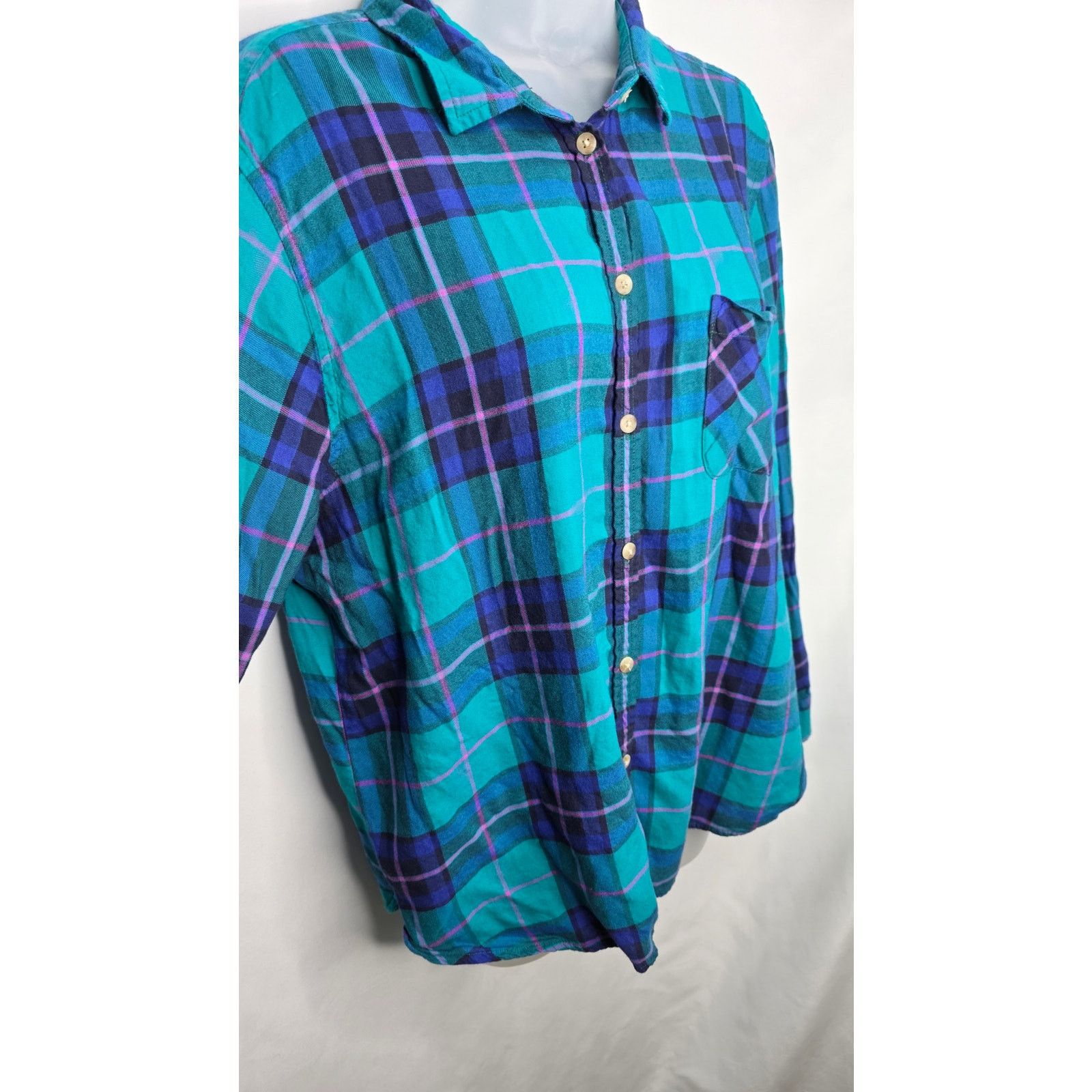 American Eagle Outfitters American Eagle Teal Multi Color Plaid Button Front Shirt Size XL / US 12-14 / IT 48-50 - 6 Thumbnail