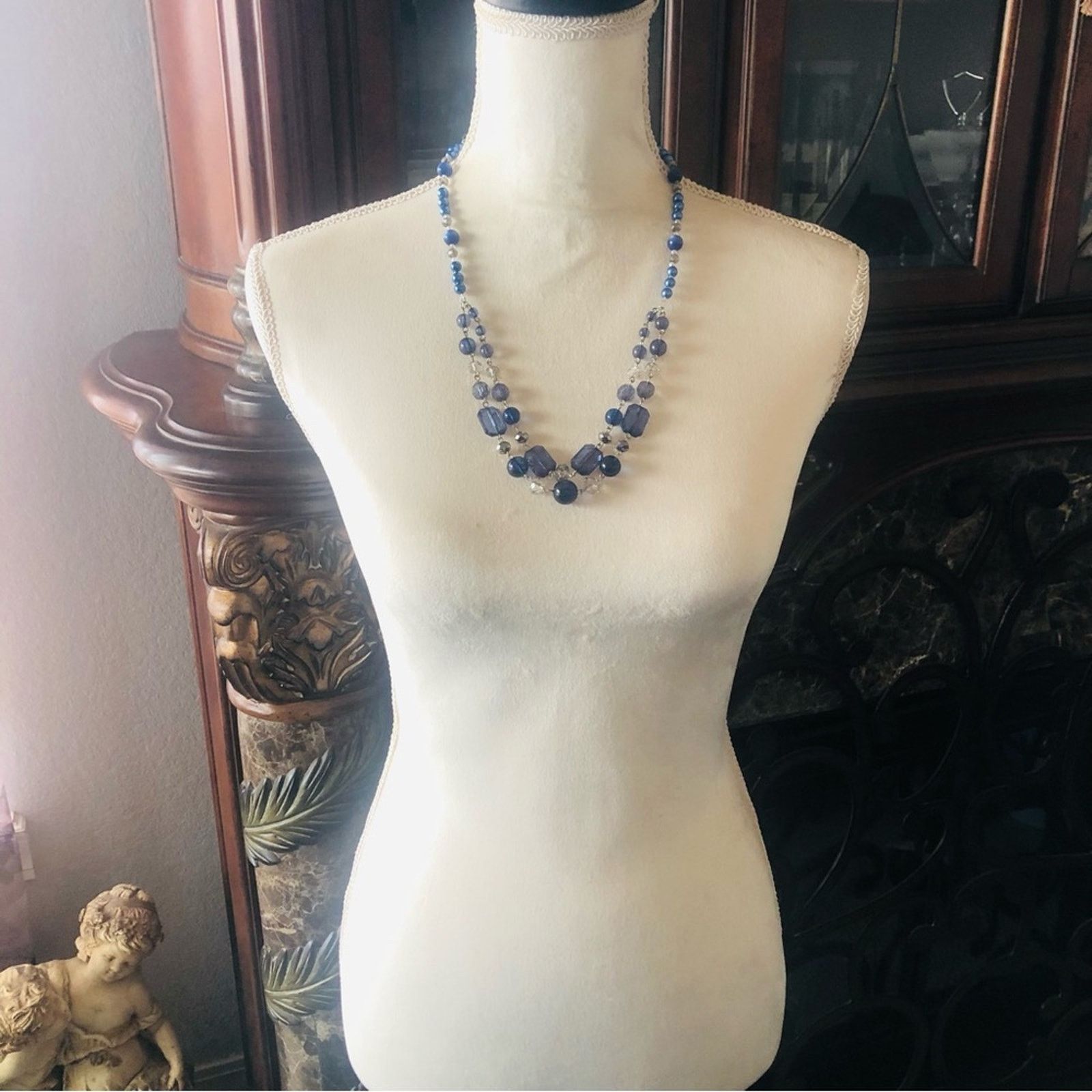 Handmade Handcrafted blue tone vintage bead pearl necklace Size ONE SIZE - 5 Thumbnail
