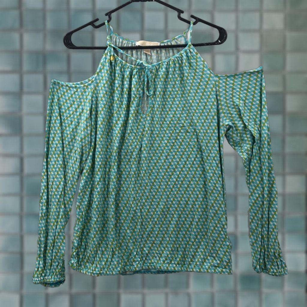 Michael Kors Michael Kors Women’s Multicolor Long Sleeve Cold Shoulder Blouse Size L - Geometric Pattern, Front Tie, Casual, Spring/Summer Size L / US 10 / IT 46 - 1 Thumbnail