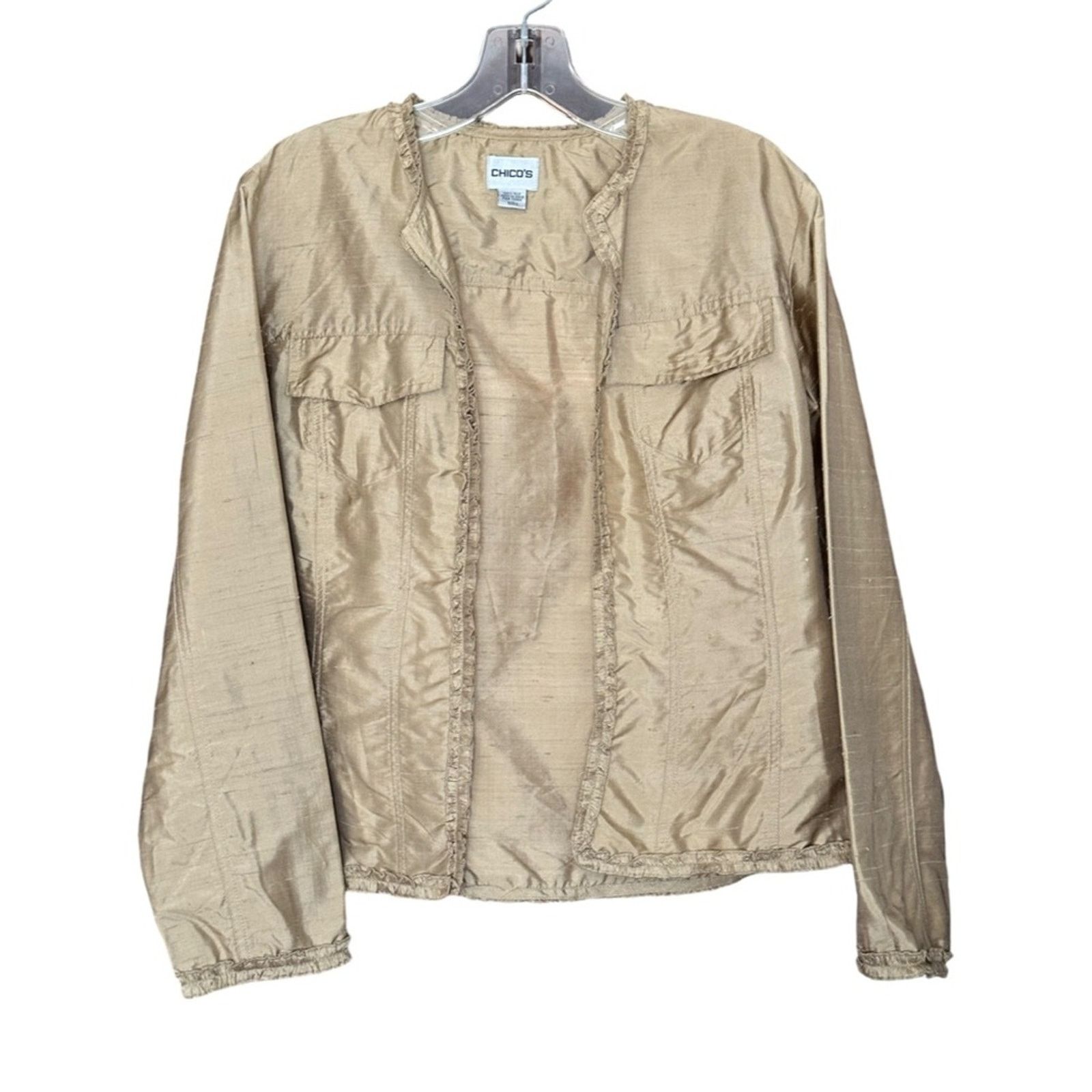 Chicos Chico’s Gold Silk Ruffled Open Jacket Size XXS / US 00 / IT 34 - 2 Thumbnail
