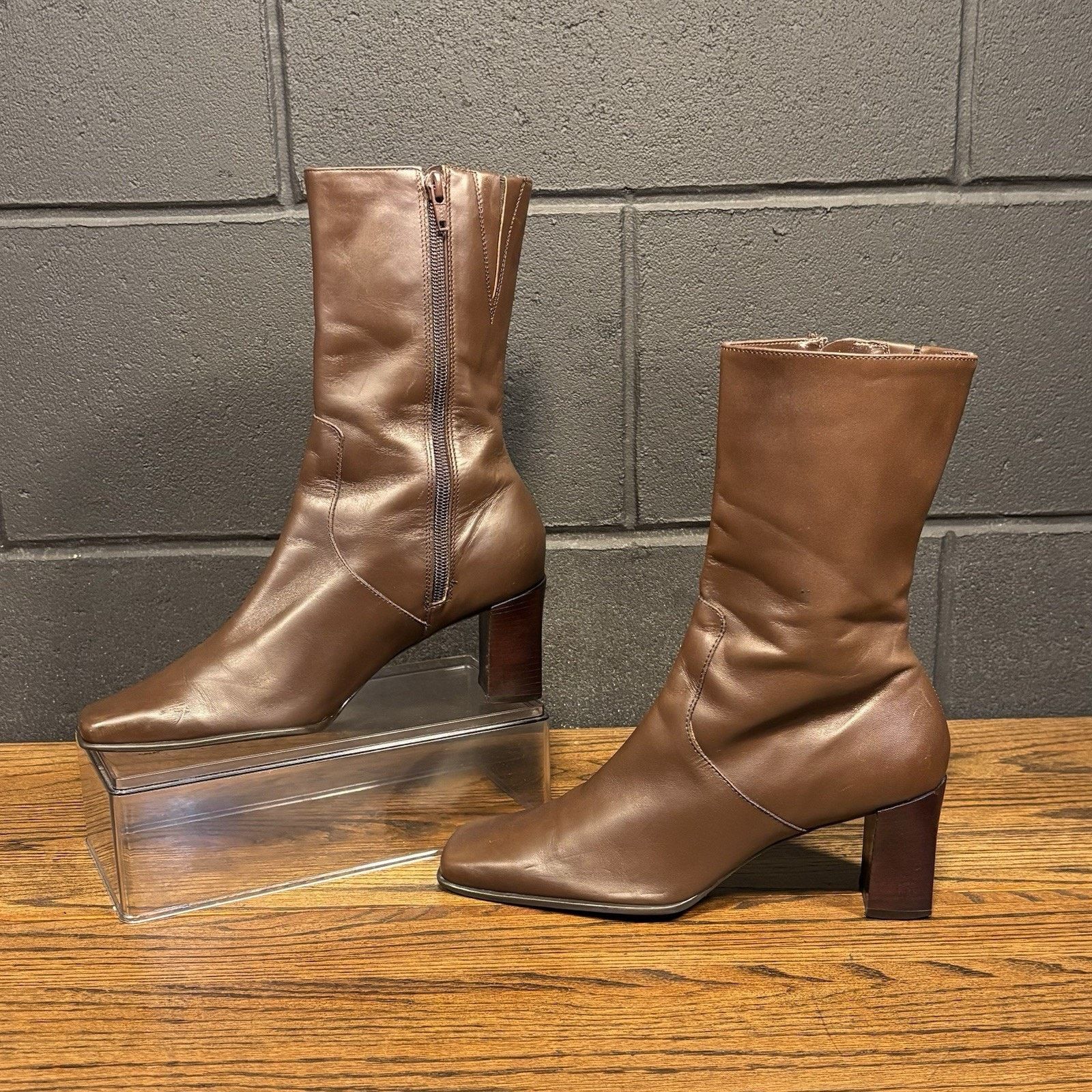 Michelle D Brown Leather Square Toe Block Heel Shoes Boots WomenS, Women's (Size 7)