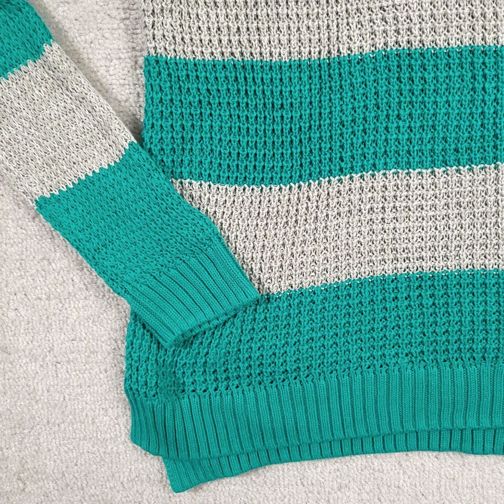 Vintage a.n.a Sweater Women's XL Green Gray Striped Long Sleeve Round Neck Open Knit Size XL / US 12-14 / IT 48-50 - 4 Thumbnail
