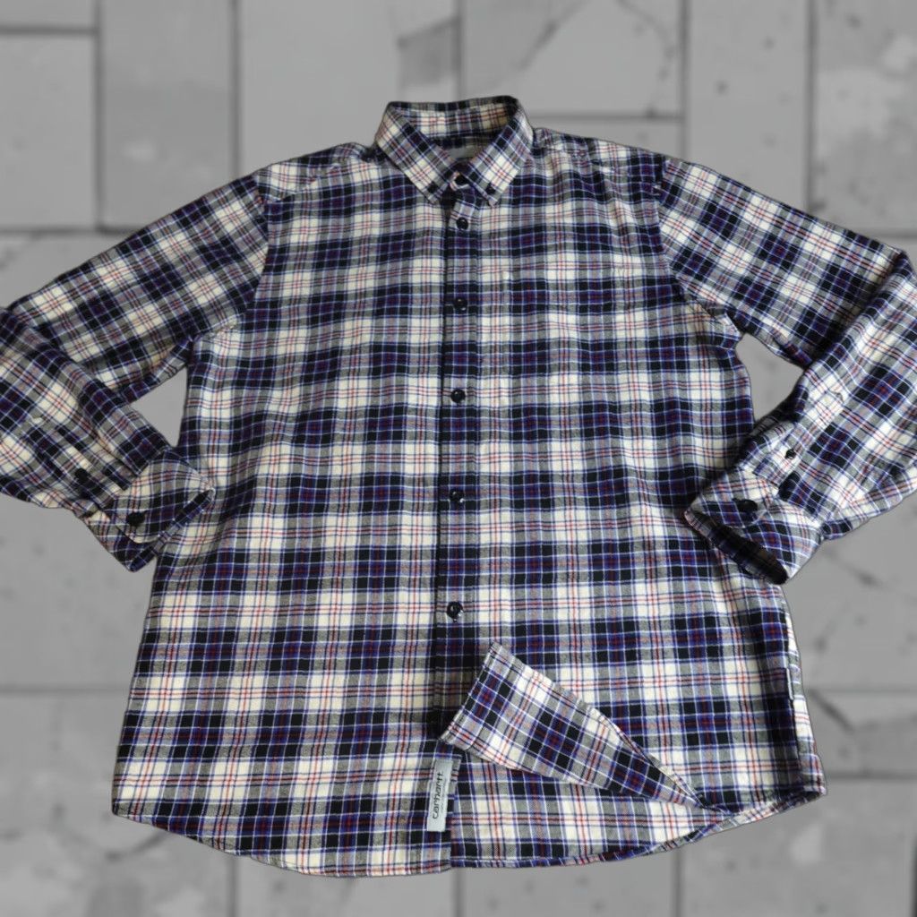 Carhartt WIP Shirt Medium Blue Plaid Performance Flannel Button Down 100% Cotton Regular Mens