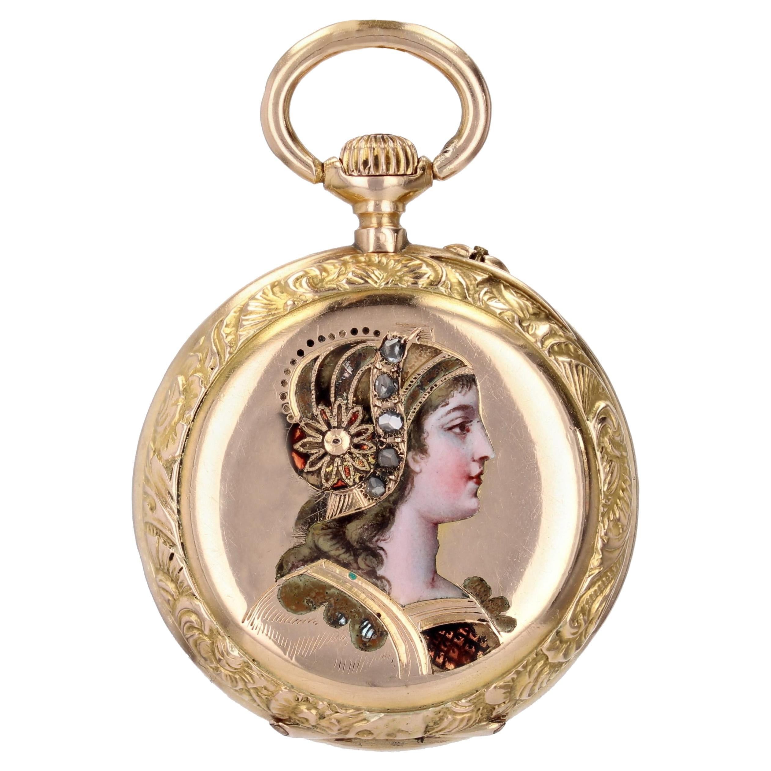 image of Vintage French 20Th Century 18 Karat Yellow Gold Enamelled Pocket Watch, Women's