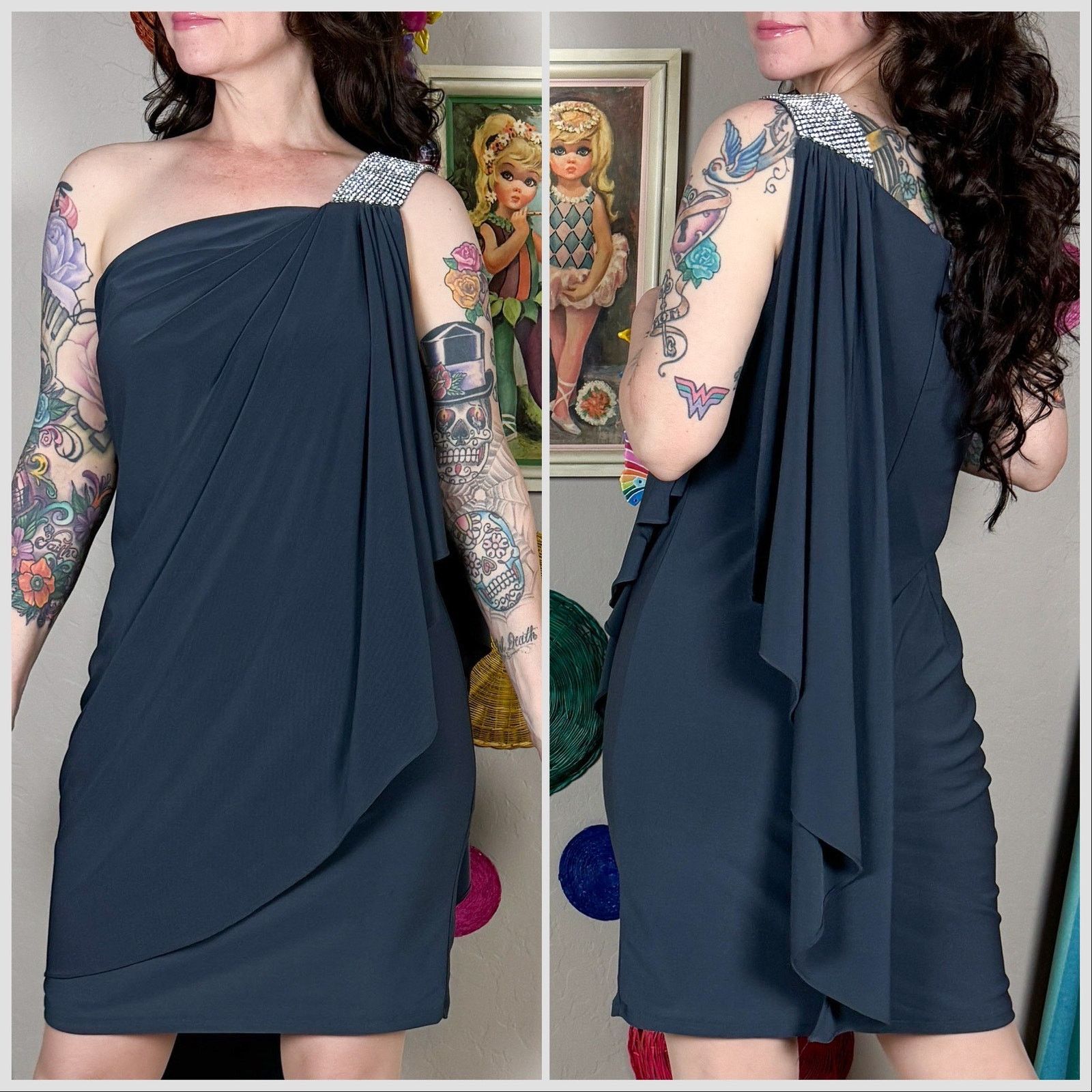 Vintage Vintage Y2K Caché Grey One Shoulder Grecian Drape Minidress Size M / US 6-8 / IT 42-44 - 3 Thumbnail