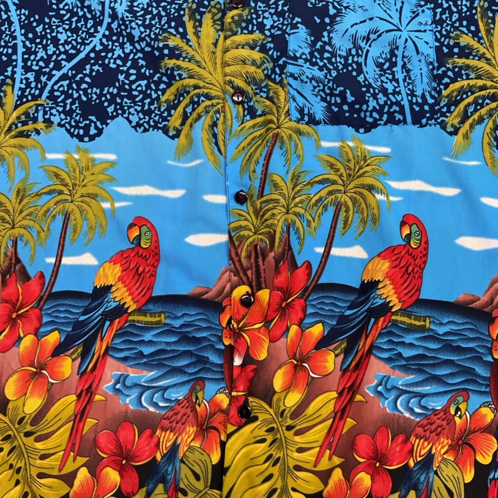 Vintage Tropical Hawaiian Parrot Palms Blue Button-Up Size US XXL / EU 58 / 5 - 4 Thumbnail
