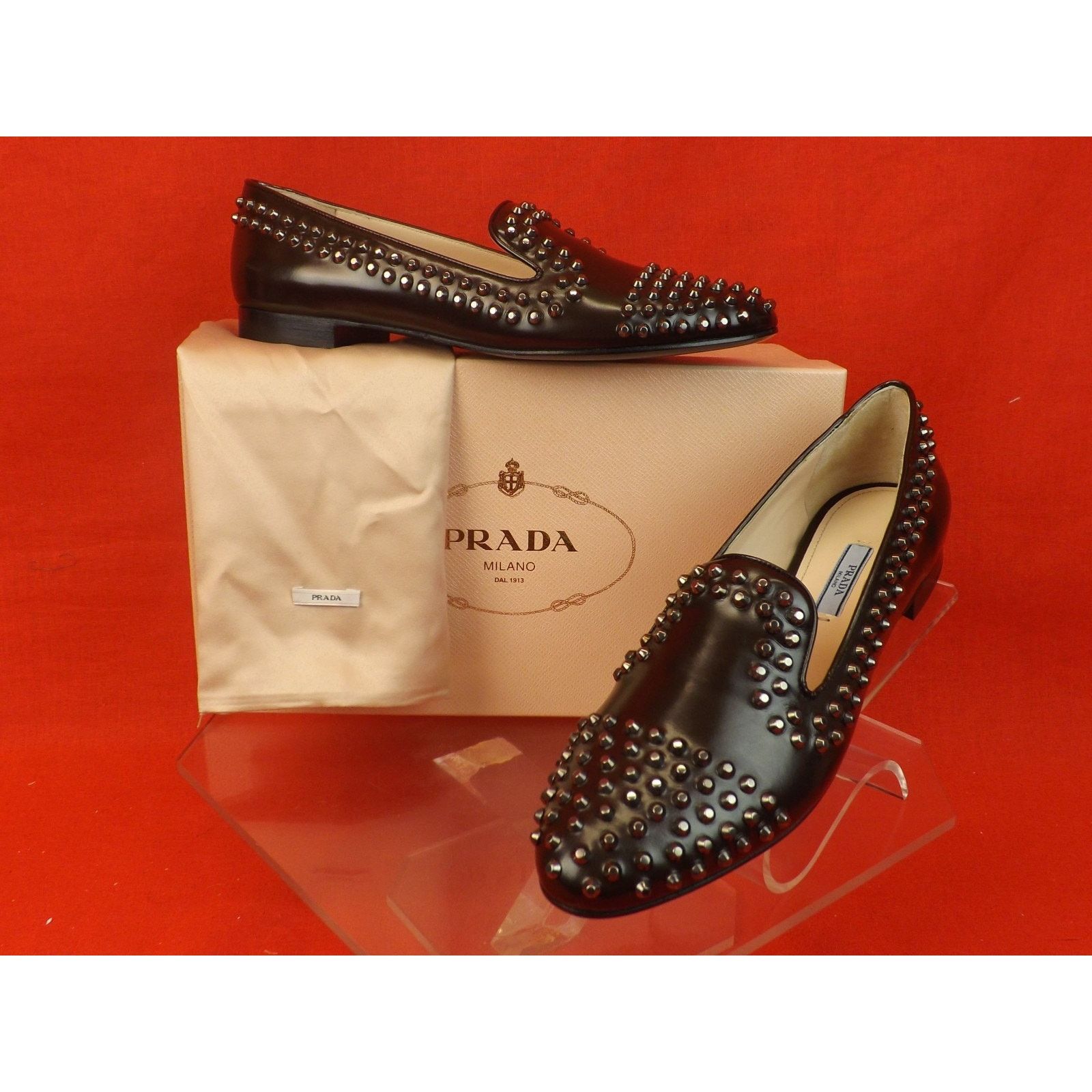 Prada PRADA 1S275E BROWN LEATHER SILVER METAL STUDS FLATS 35.5 Size US 5.5 / IT 35.5 - 1 Thumbnail