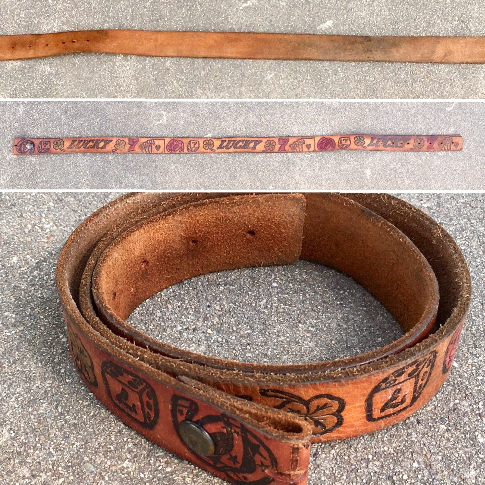 Vintage VINTAGE Tooled Leather Belt Gambling Theme Lucky 7 Clover Cards Horse Shoe Dice Brown Leather Adult Unisex Casual Rockabilly Size ONE SIZE - 4 Thumbnail