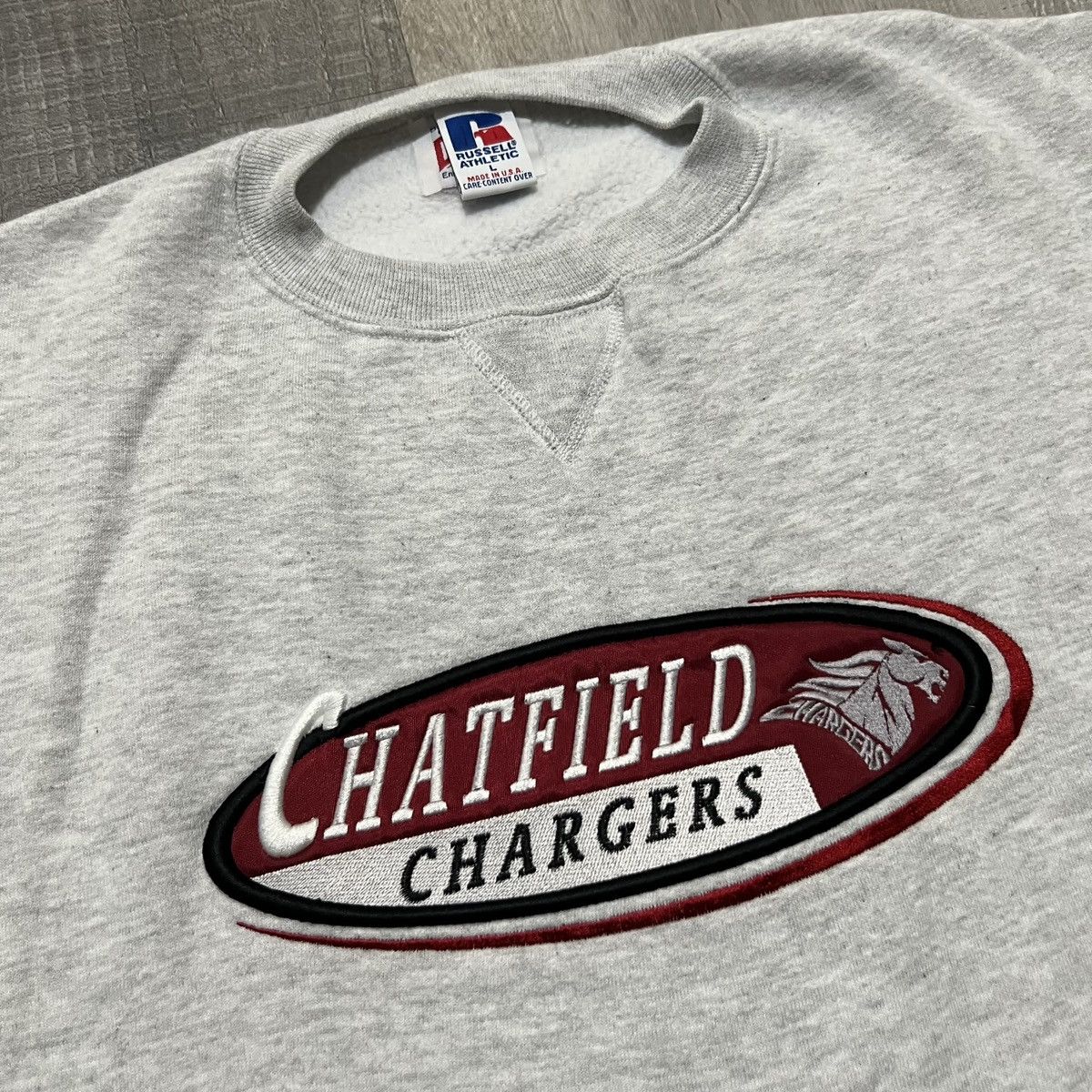 Russell Athletic × Vintage VTG Russell Athletic Chatfield Chargers 90s Grey Sweatshirt Size US L / EU 52-54 / 3 - 2 Thumbnail