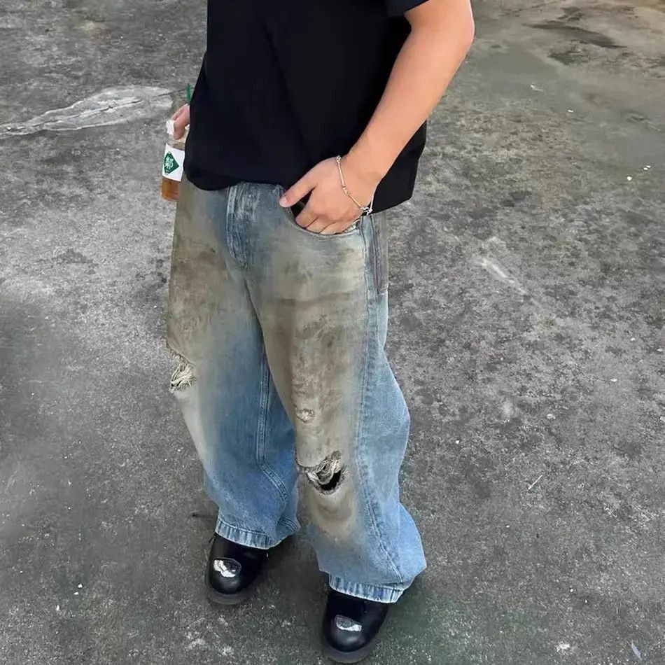 Mud Dyed Hole Baggy Jeans Hombre Frayed Ripped Trousers y2k