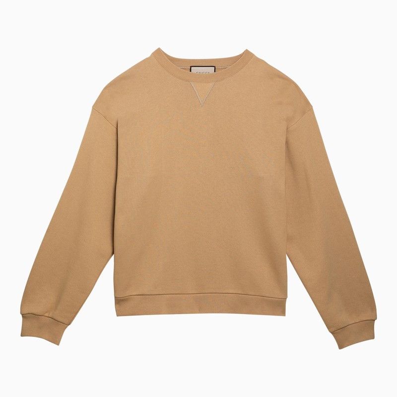 image of Gucci Camel-Coloured Cotton Sweatshirt With Web Ribbon in Brown, Men's (Size Small)